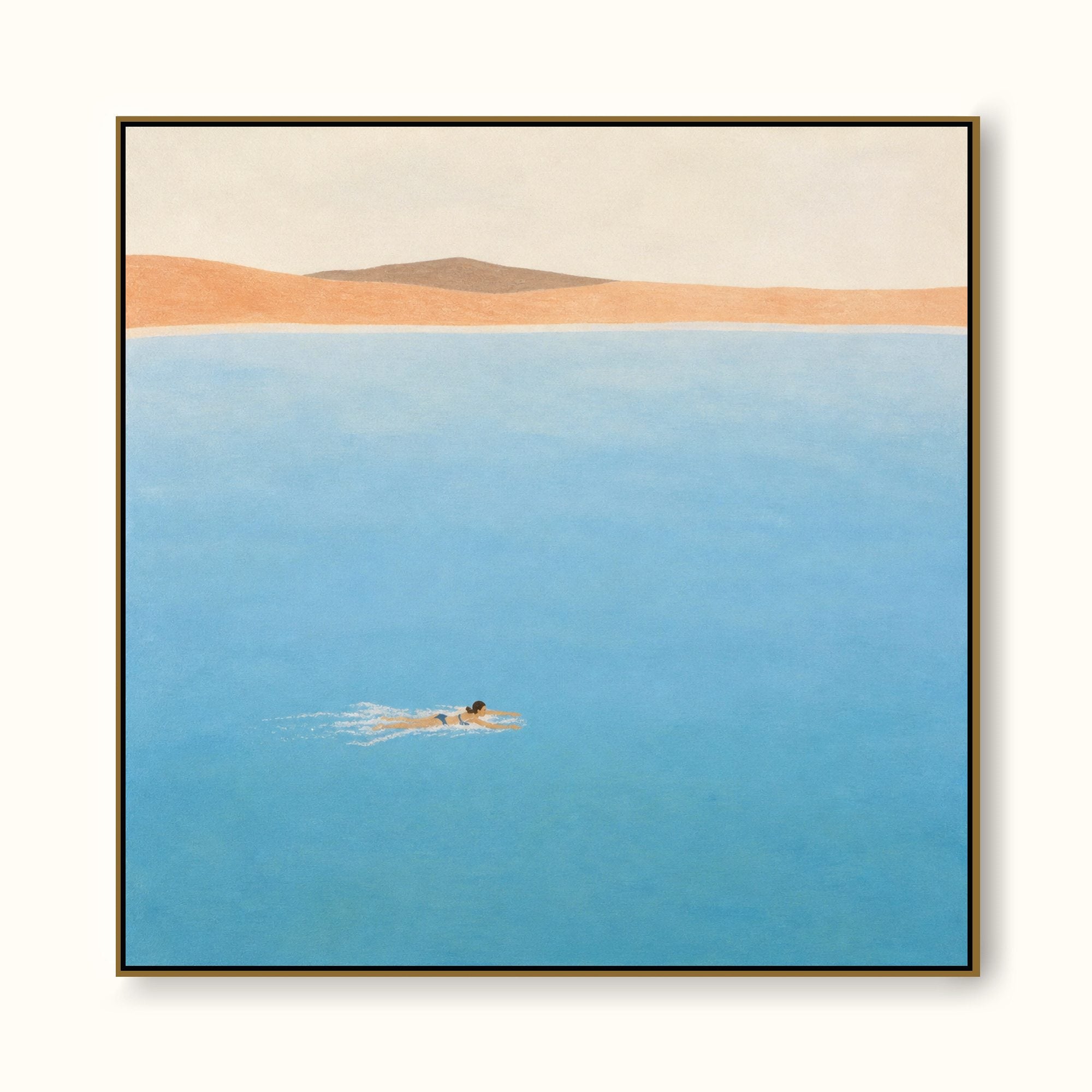 Woman Swimming In Blue Sea Hand-Painted Canvas Art With Distant Shore