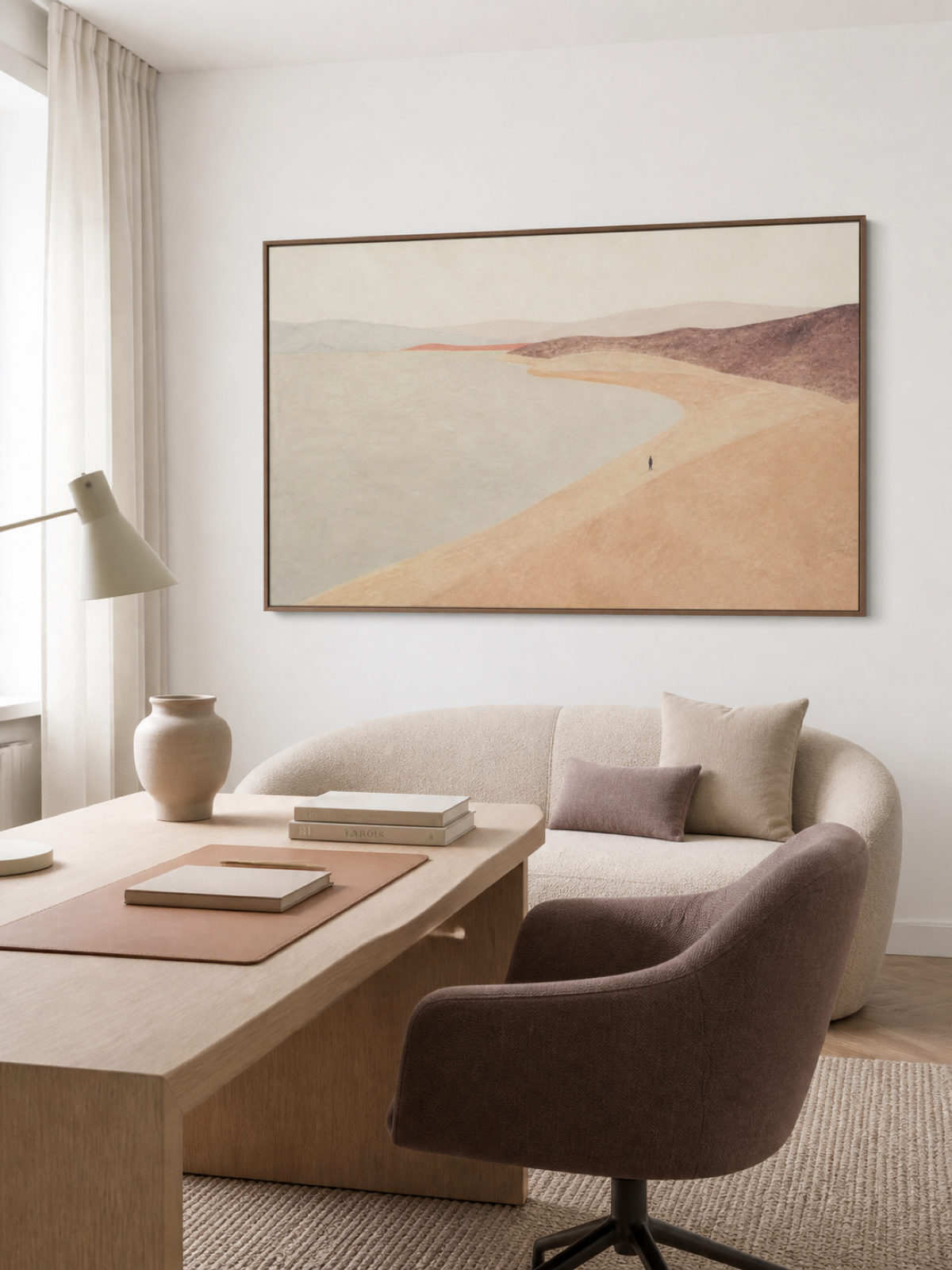 Large Pastel Shoreline Lone Figure Walking Along The Quiet Bay Canvas Art