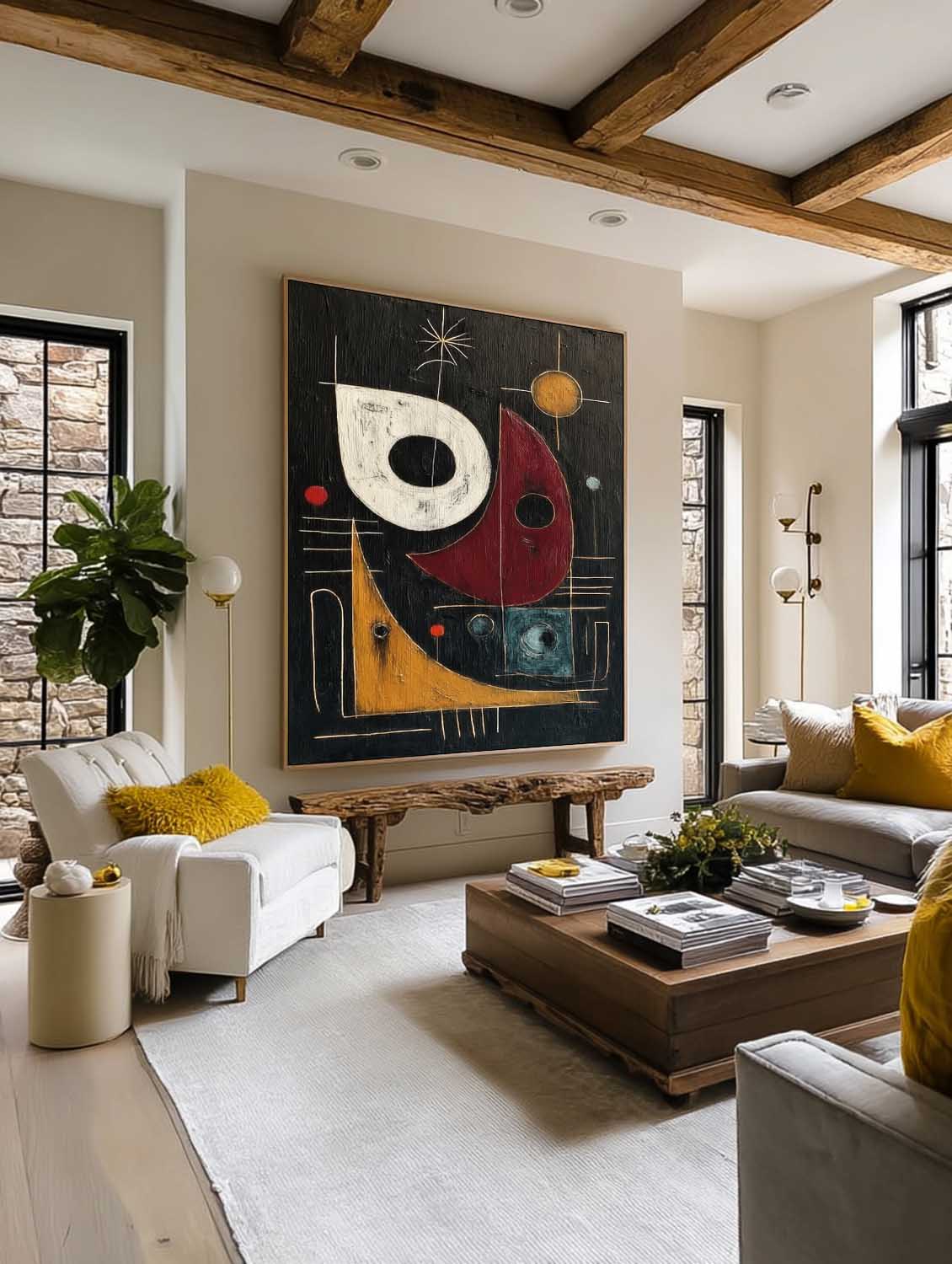 Square Abstract Geometric Painting In Black And Red For Modern Living Room