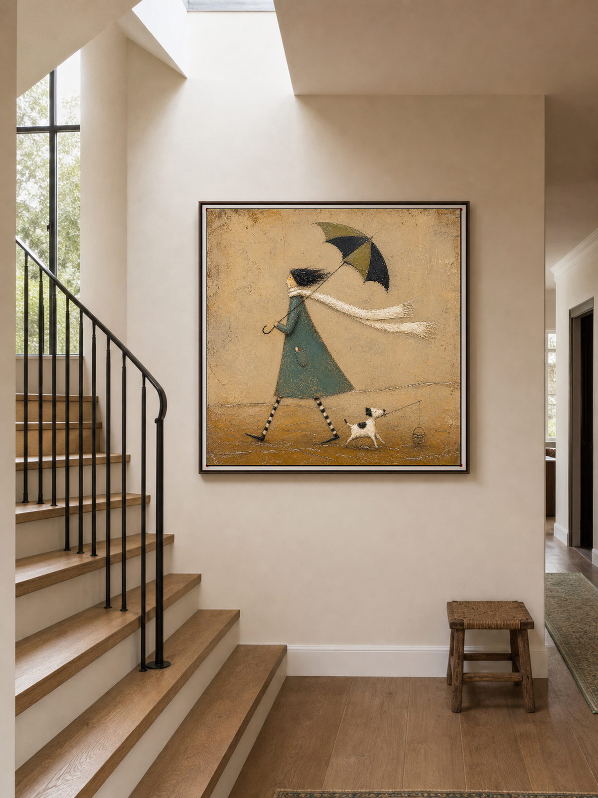 Original Hand Painted Umbrella Dog Fishing Painting Whimsical Storybook Wall Art