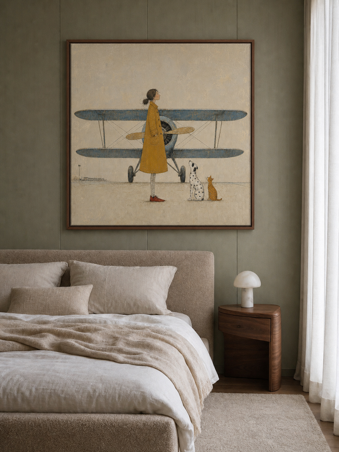 Whimsical Girl And Airplane Painting Retro Illustration On Linen Canvas For Home