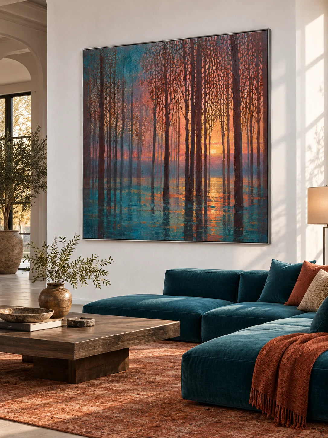 Large Textured Woodland Painting In Teal And Burnt Orange For Living Room Decor