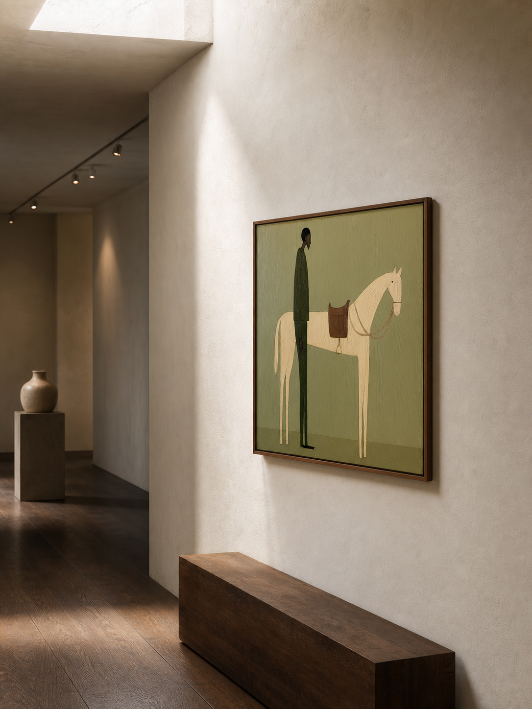Vintage Minimalist Oil Painting Of Man With Horse In Large Framed Canvas Art