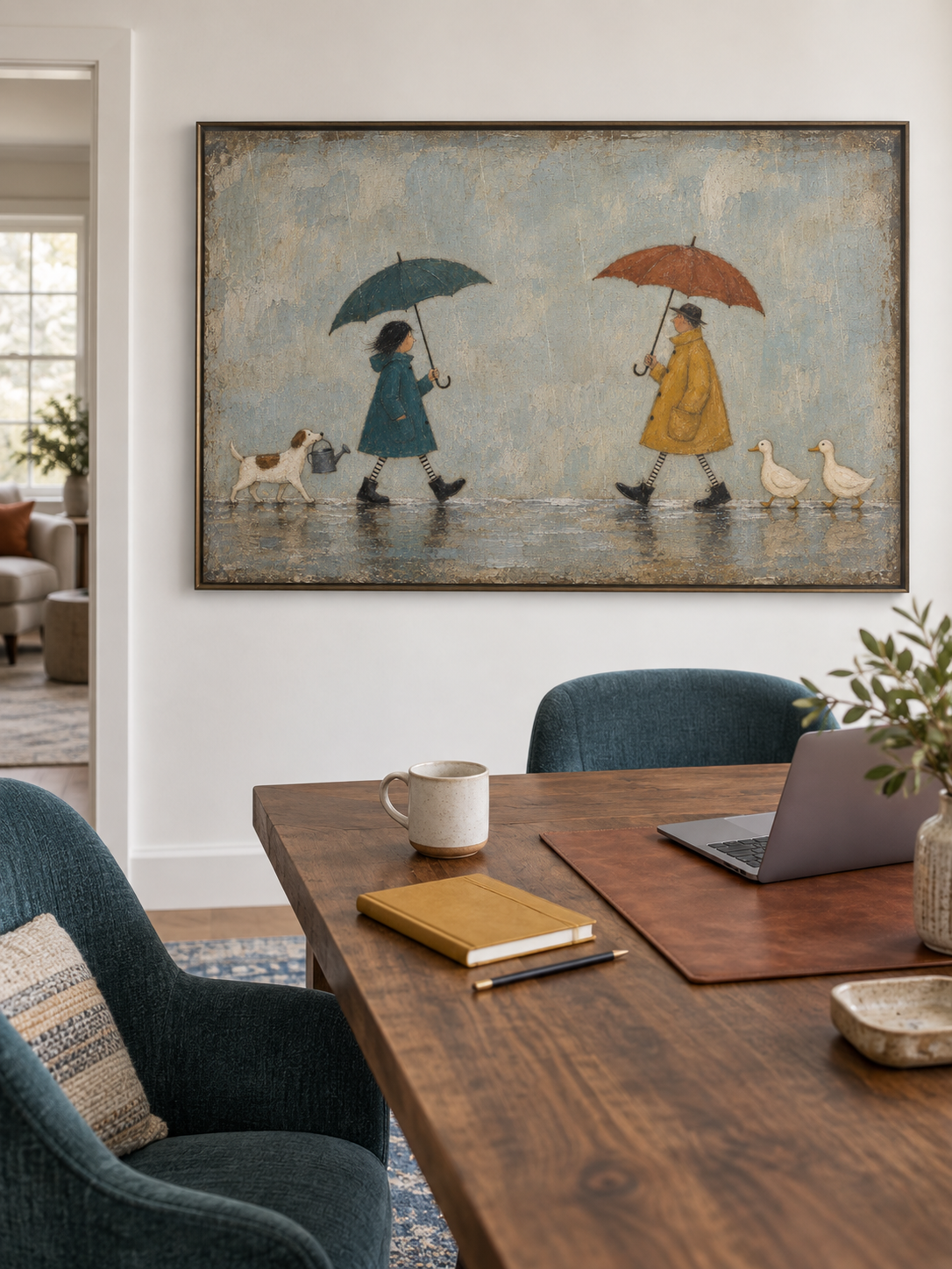 Whimsical Couple With Umbrellas Dogs And Ducks Hand Painted Wall Art