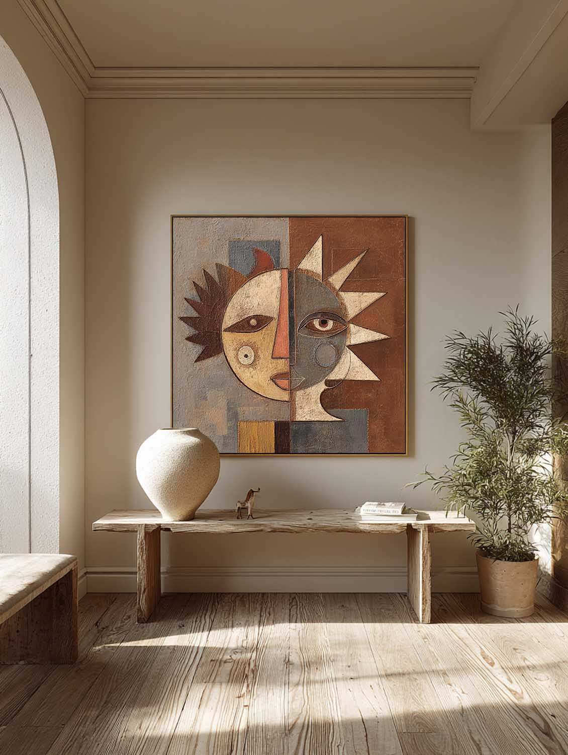 Hand Painted Geometric Portrait On Linen Canvas With Refined Brushwork Texture