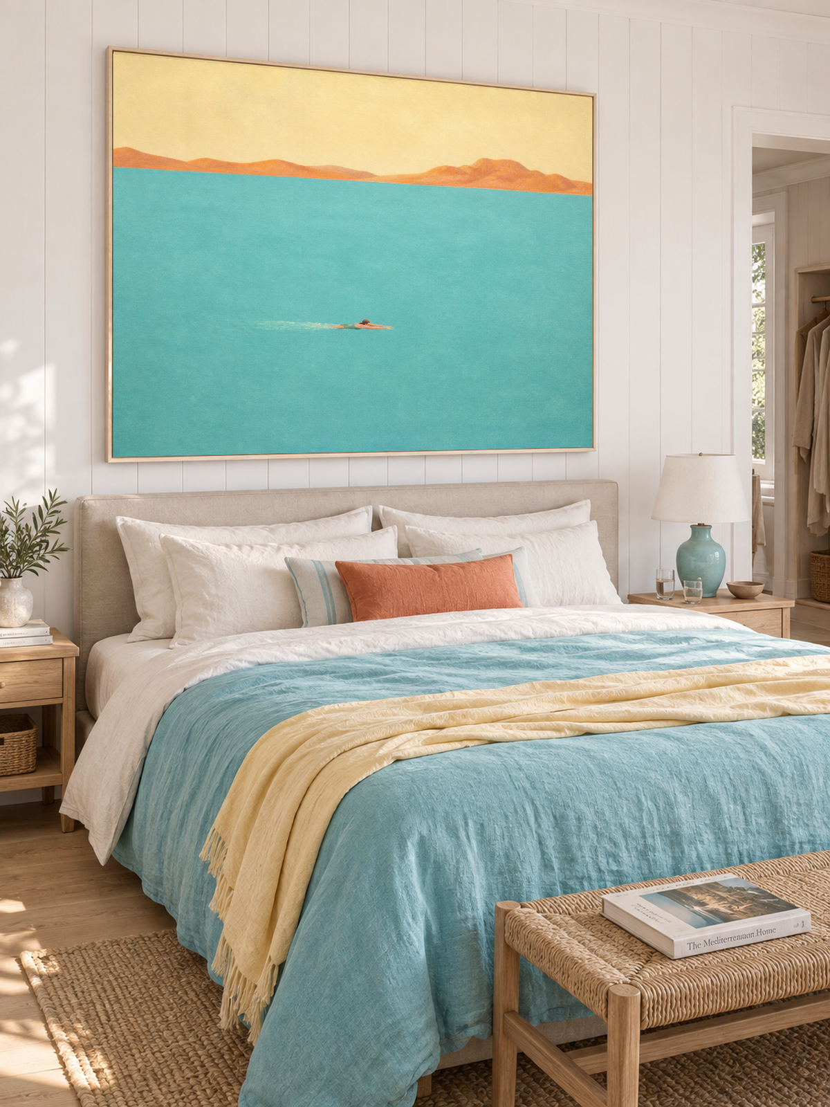 Modern Coastal Wall Art For Bedroom Room Solo Swimmer Painting Blue Beige