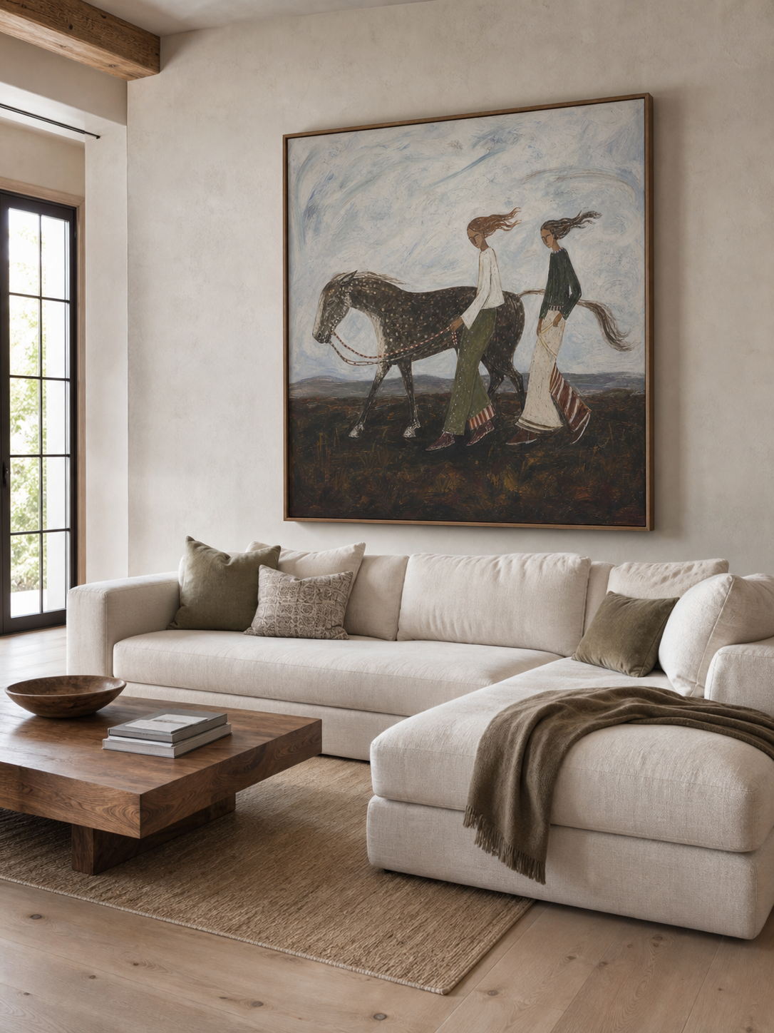 Hand Painted Folk Art Horse Painting With People In Earthy Tones For Living Room Decor