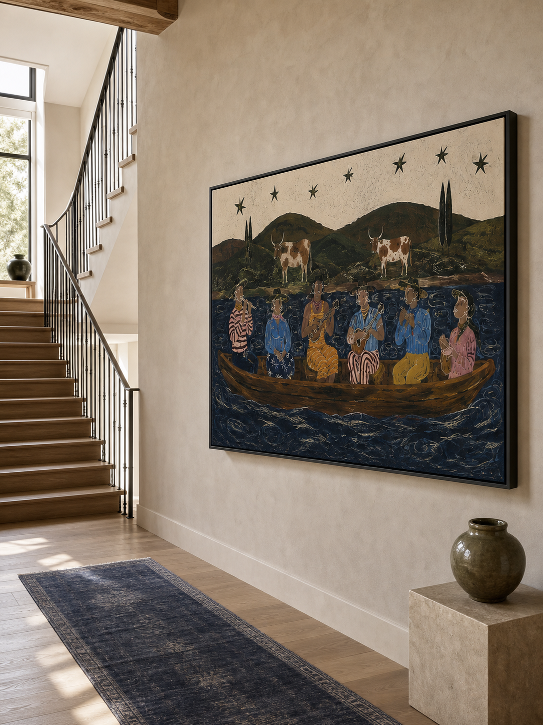 Handmade Folk Art Oil Painting With Musicians On Boat Vintage Bohemian Figurative Painting