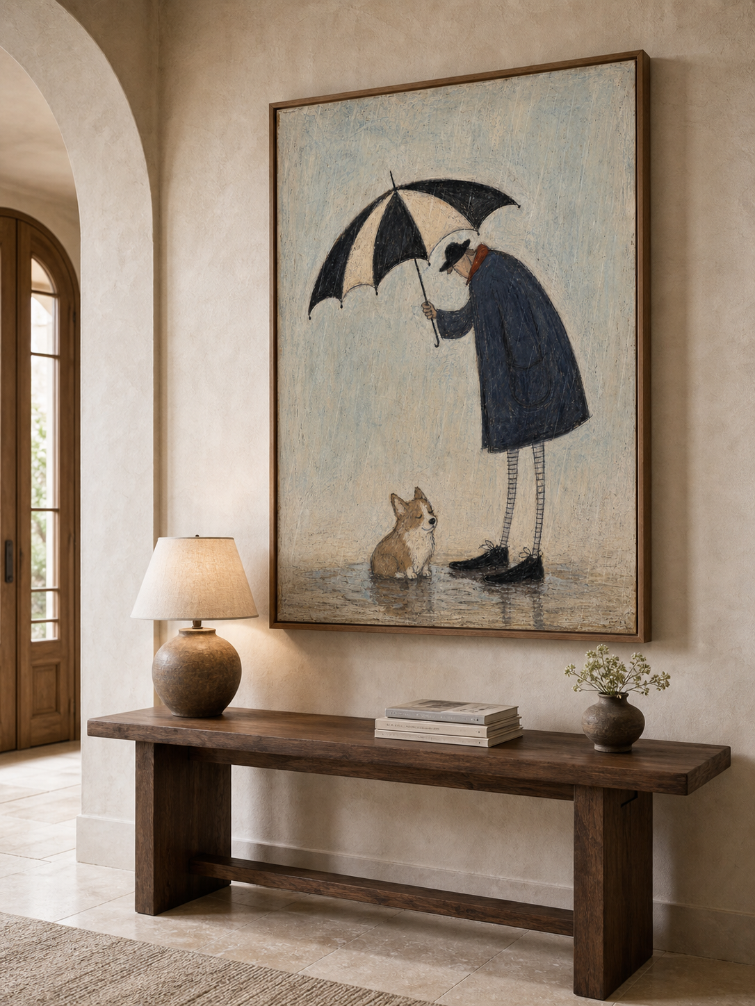 Whimsical Rainy Day Man And Corgi Dog Original Oil Painting For Home Wall Decor