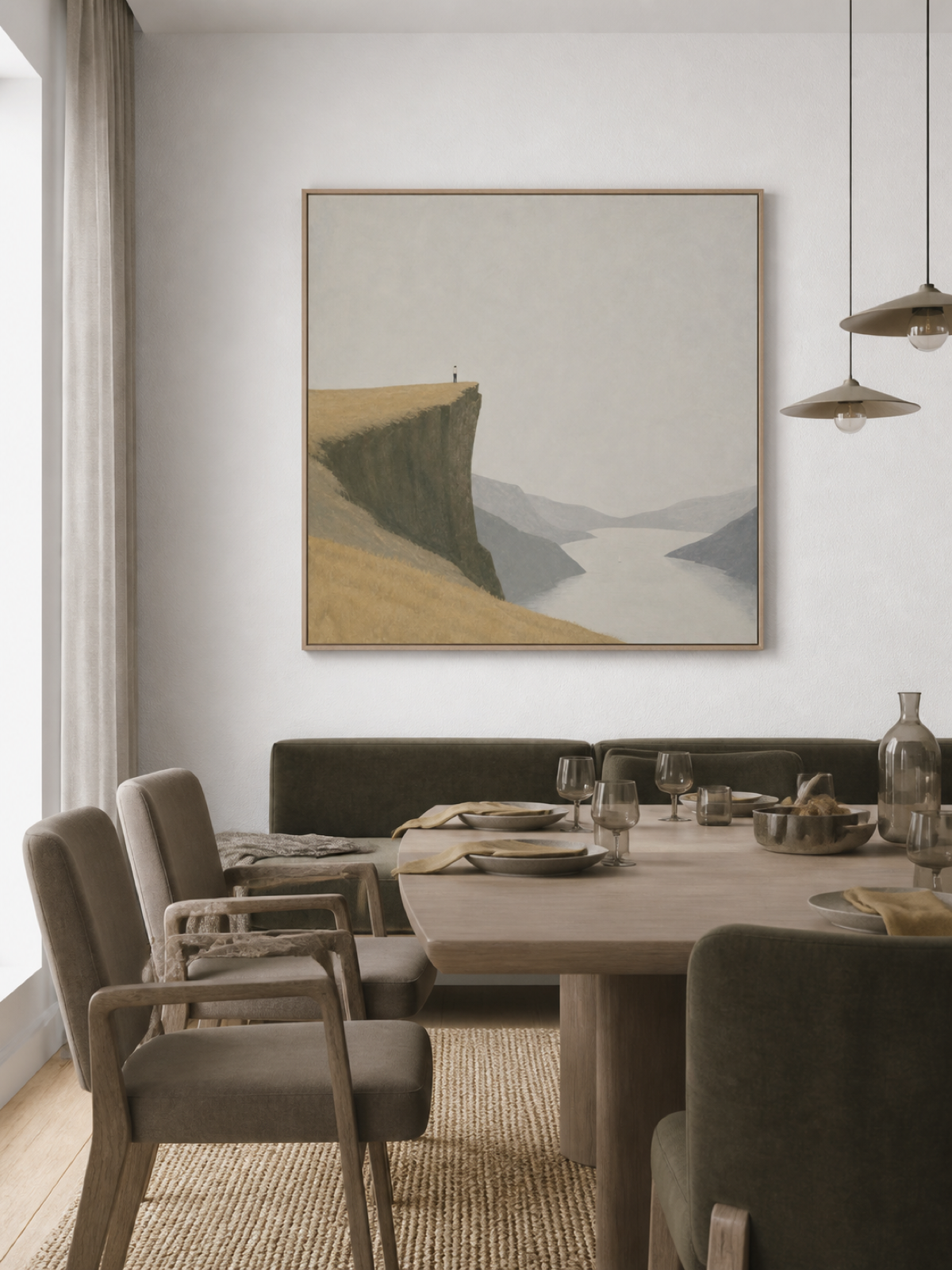 Large Hand Painted Fjord Landscape Oil Painting Tiny Figure Art For Bedroom