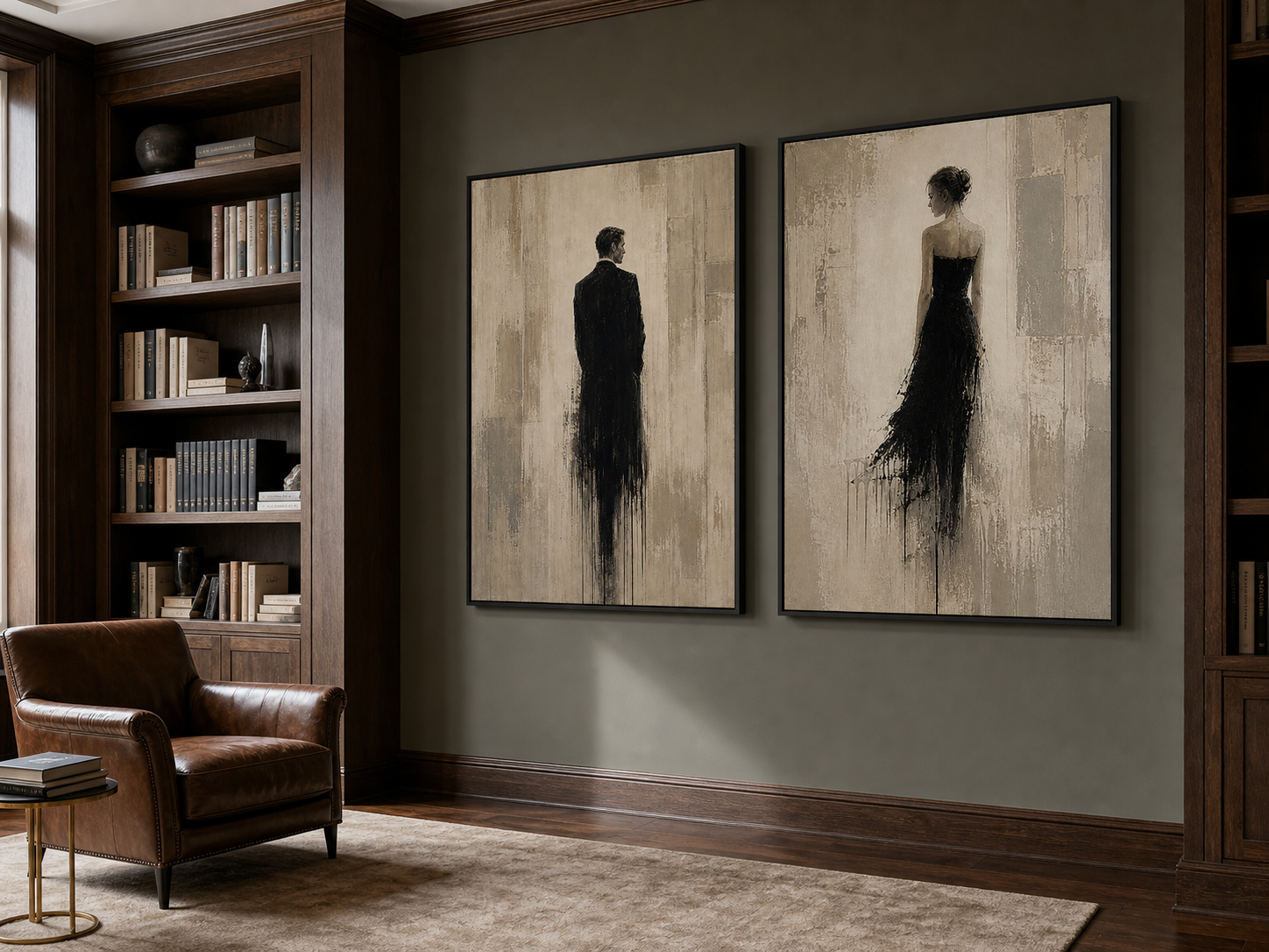 Abstract Figurative Oil Painting Diptych Beige And Black Human Forms For Living Room Wall