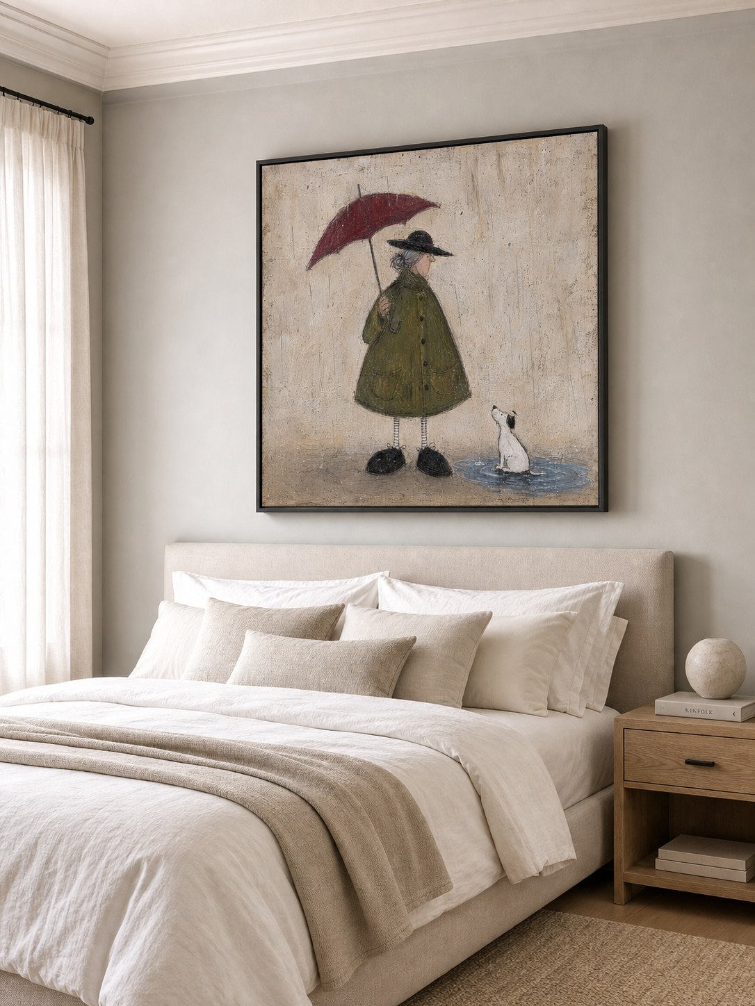 Vintage Man With Dog Painting Red Umbrella Retro Wall Art For Living Room