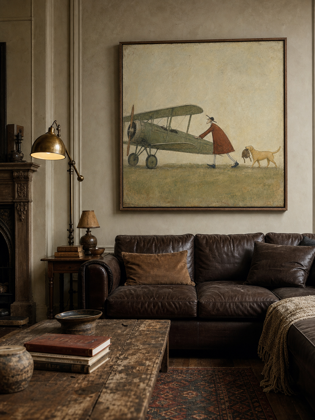 Vintage Airplane And Dog Painting Original Art For Study Room Decor