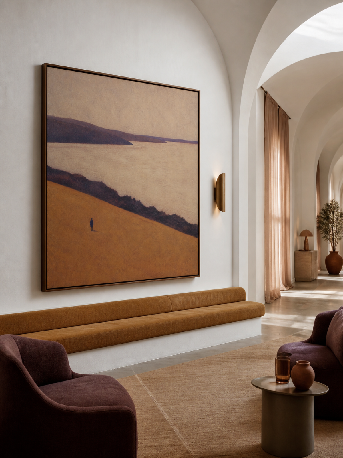 Large Warm Neutral Coastal Landscape With A Lone Traveler Framed Painting
