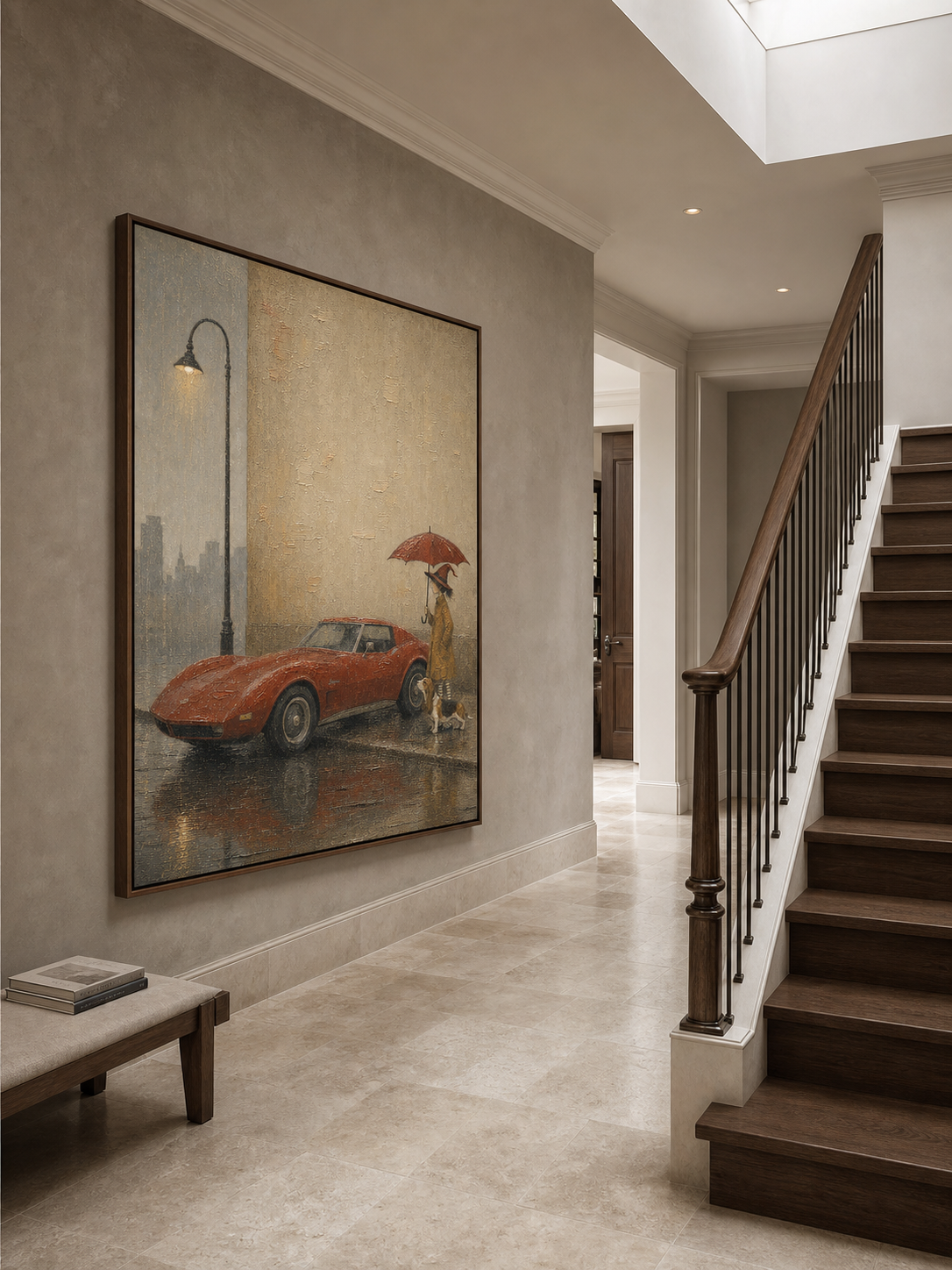 Vintage Rainy Day Travel Art With Dog And Classic Car For Home Decor