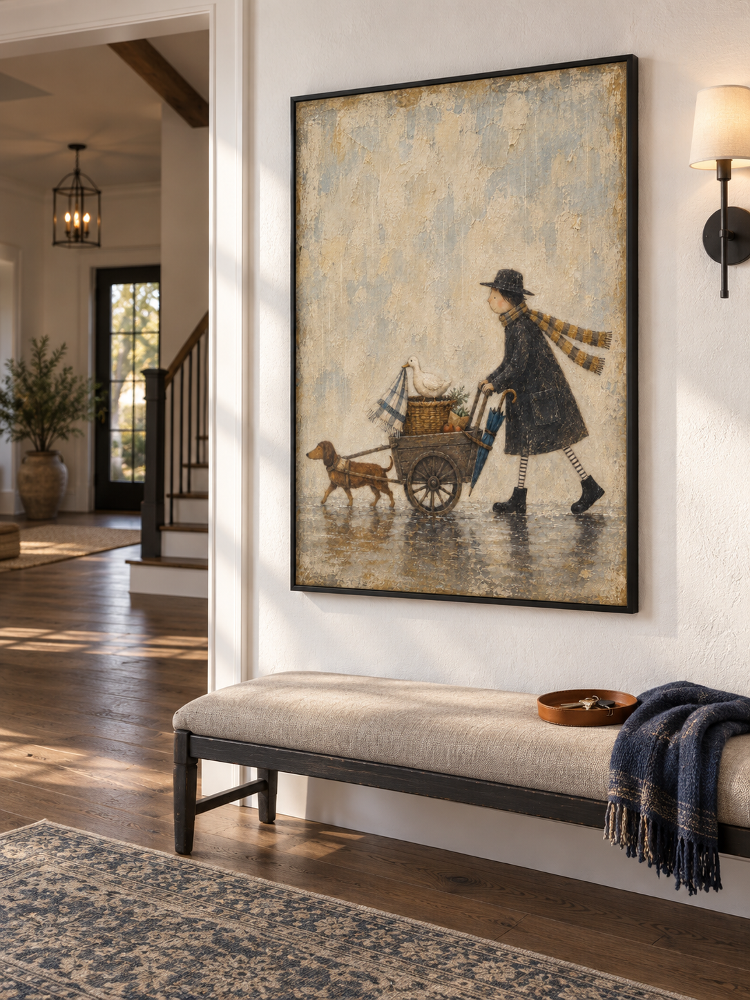 Whimsical Rainy Day Cart With A Man Dog And Duck Hand Painted Wall Art