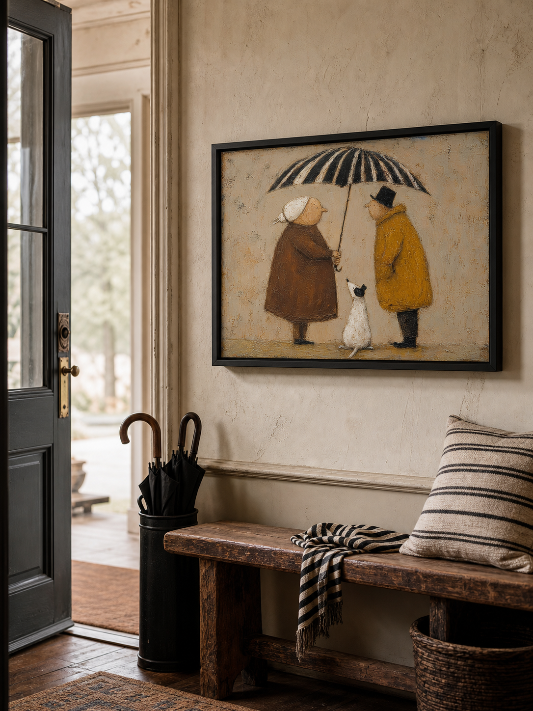 Vintage Style Oil Painting Of Couple With Dog Under Striped Umbrella For Cozy Home Decor