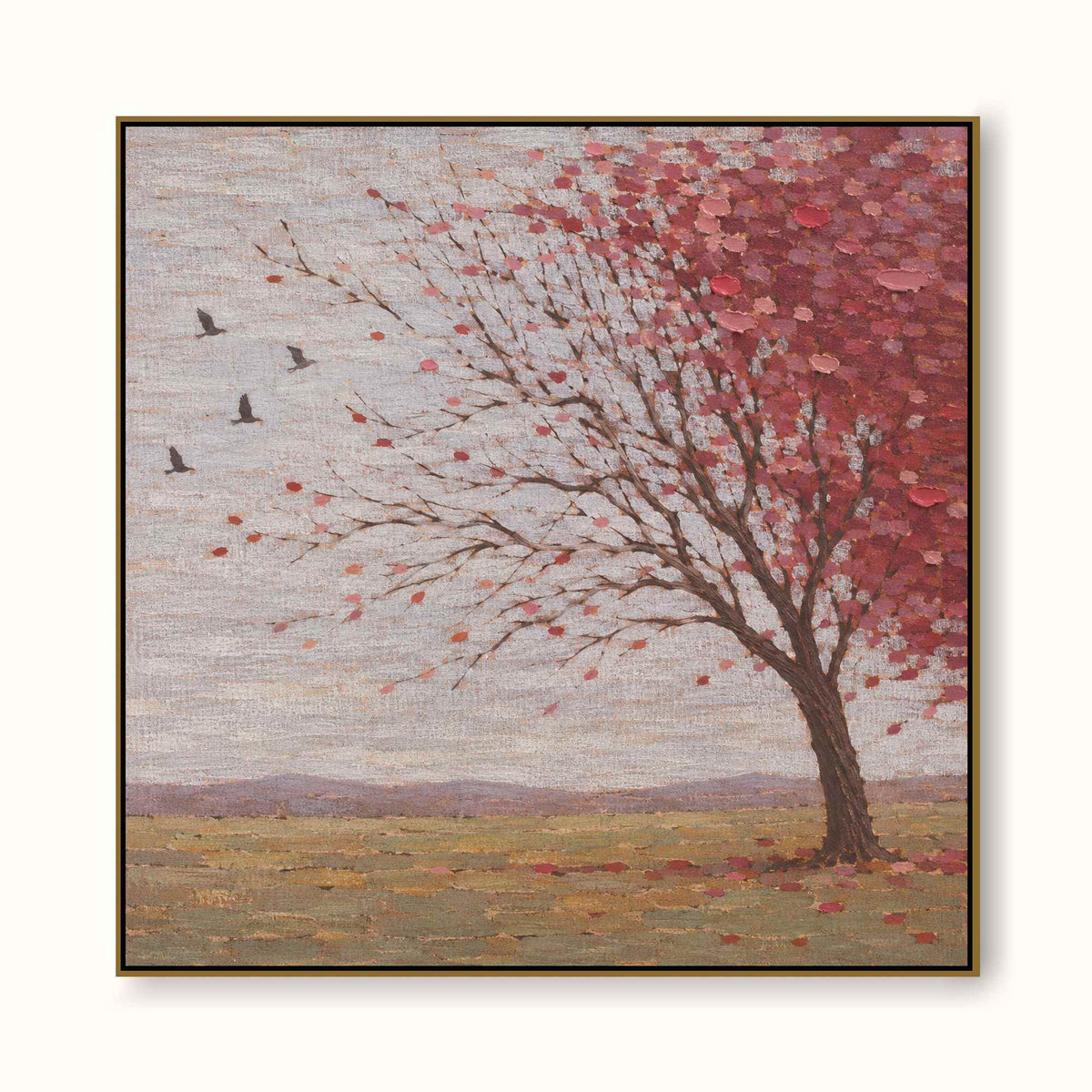 Hand Painted Autumn Tree Wall Art Large Blush Pink Rural Landscape Artwork Painting