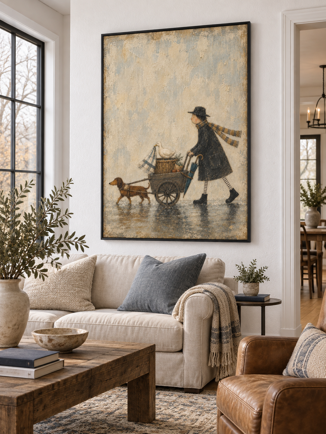 Whimsical Rainy Day Cart With A Man Dog And Duck Hand Painted Wall Art