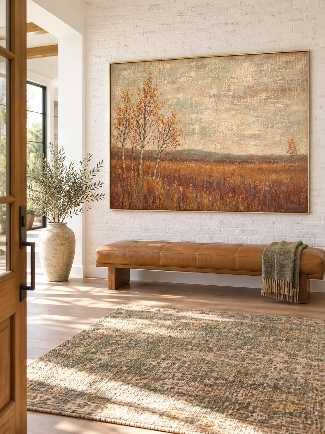 Minimalist Autumn Meadow Painting Large Neutral Beige And Rust Landscape Artwork