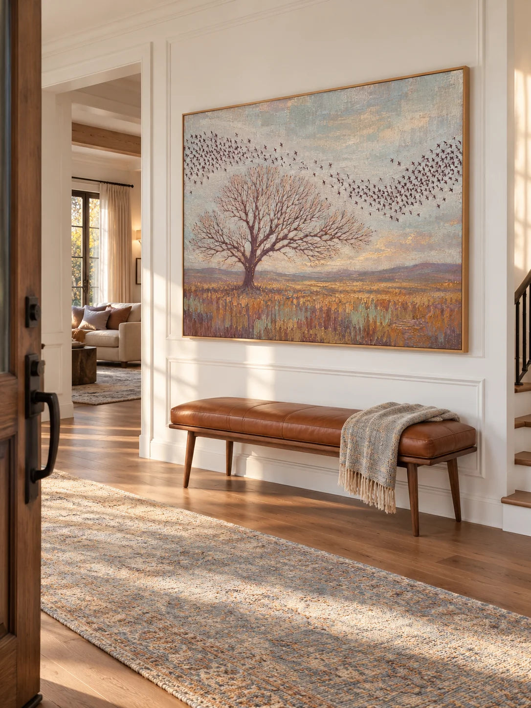 Minimalist Lone Tree Painting Large Muted Gold And Blue Nature Landscape Artwork