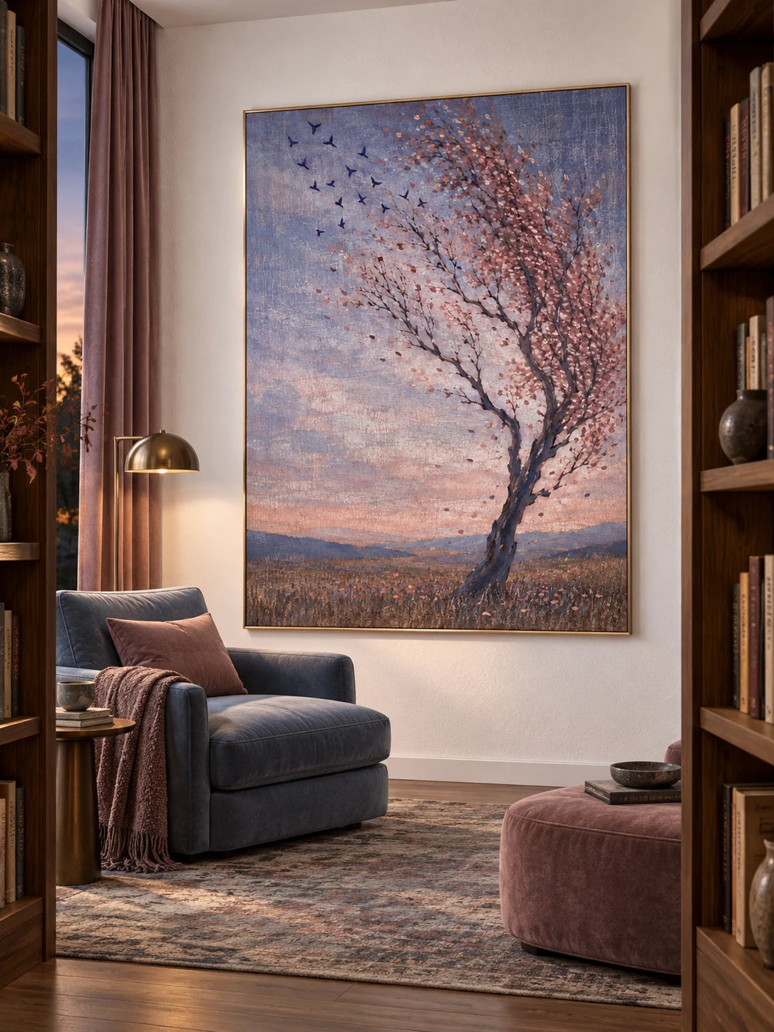 Large Fall Landscape Wall Art Contemporary Tree And Birds Painting For Home