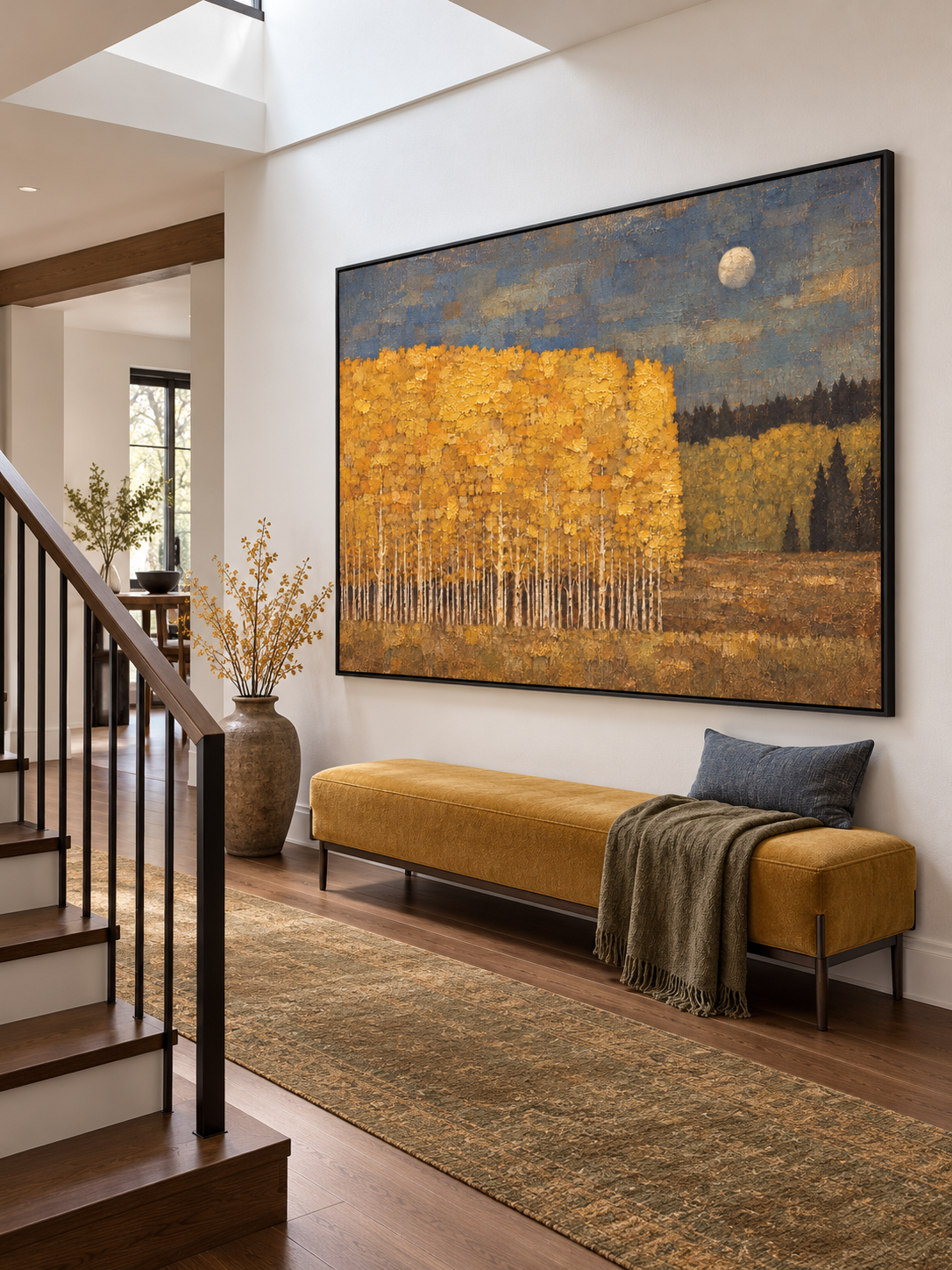 Large Autumn Birch Forest Oil Painting Contemporary Moonlit Landscape Art Artwork