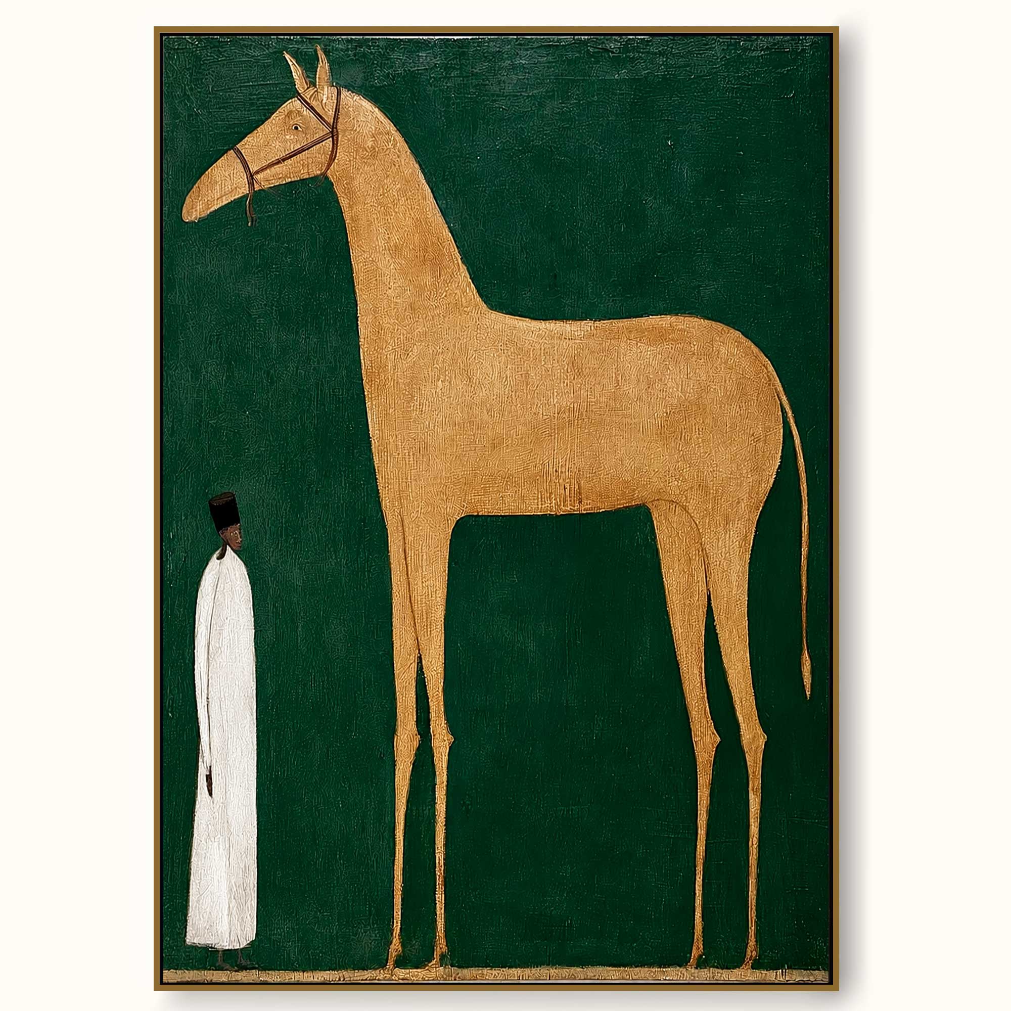 Vintage Minimalist Horse Painting With Figure In Green And Beige For Modern Living Room Decor