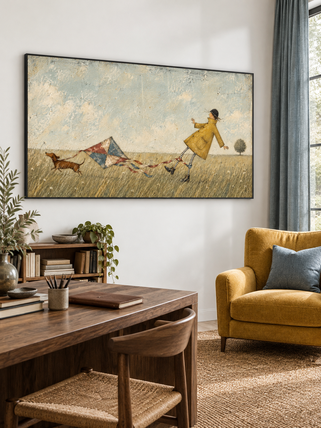Whimsical Girl And Dachshund With Kite Hand-Painted Canvas Art