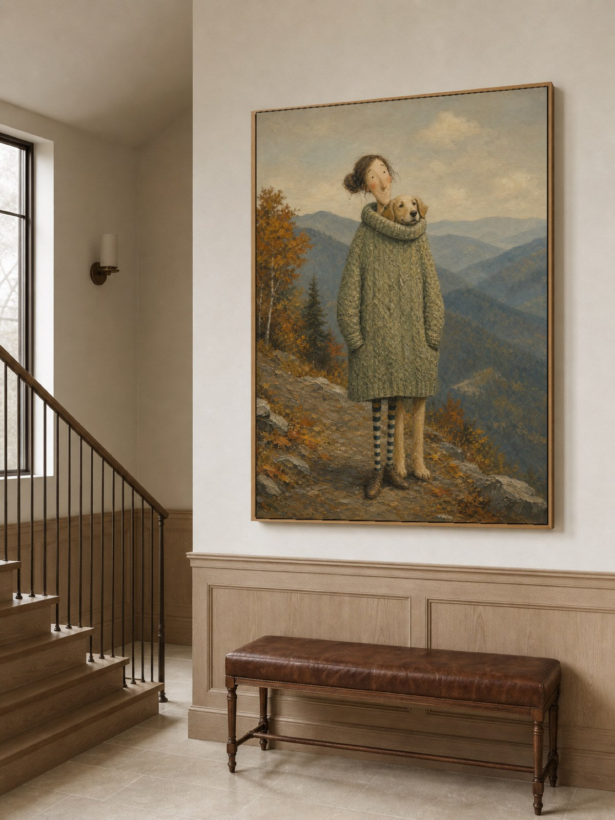 Vintage Woman And Dog Travel Painting For Cozy Living Room Decor