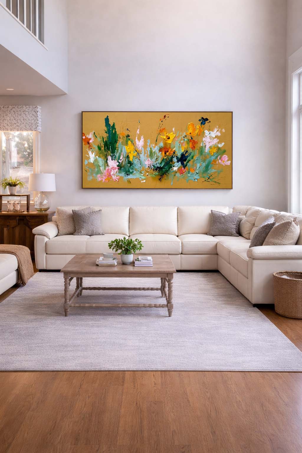 Large Horizontal Abstract Floral Painting With Gold And Green Tones For Living Room
