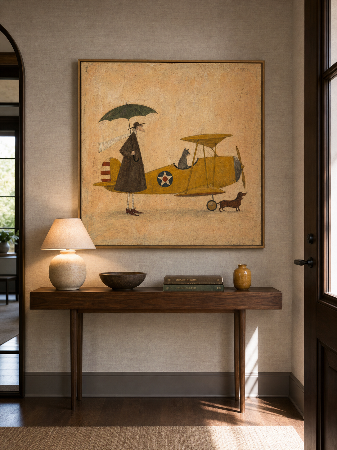 Whimsical Vintage Airplane Painting With Cat And Dog For Eclectic Home Decor