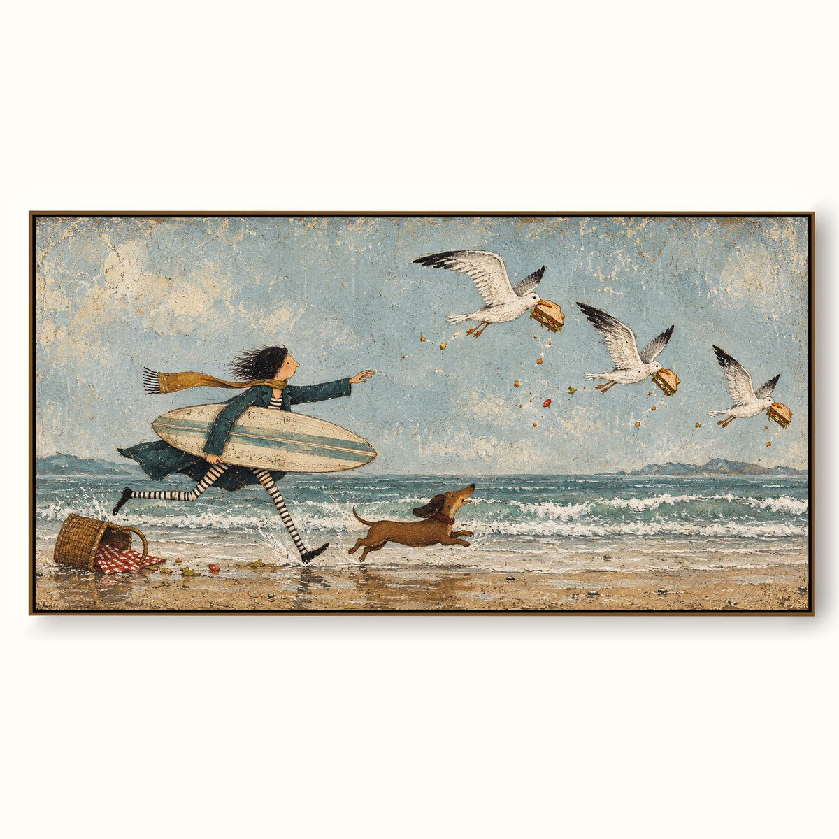 Whimsical Girl And Dachshund Beach Painting With Seagulls Hand-Painted Canvas Art
