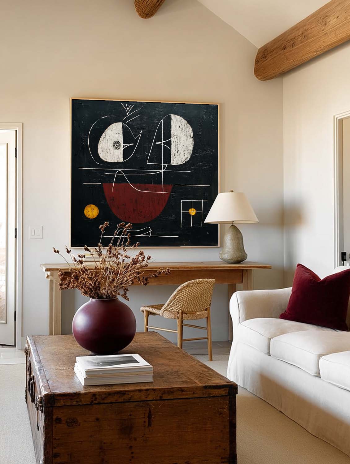 Square Abstract Painting With Red And Black Geometric Shapes