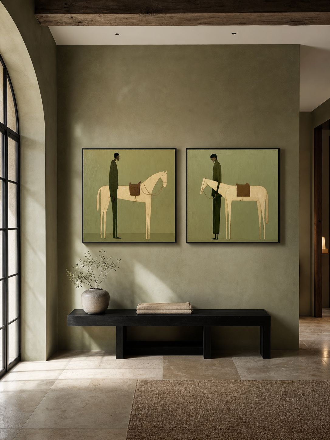 Retro Minimalist Man And Horse Painting Set Of Two For Living Room Decor