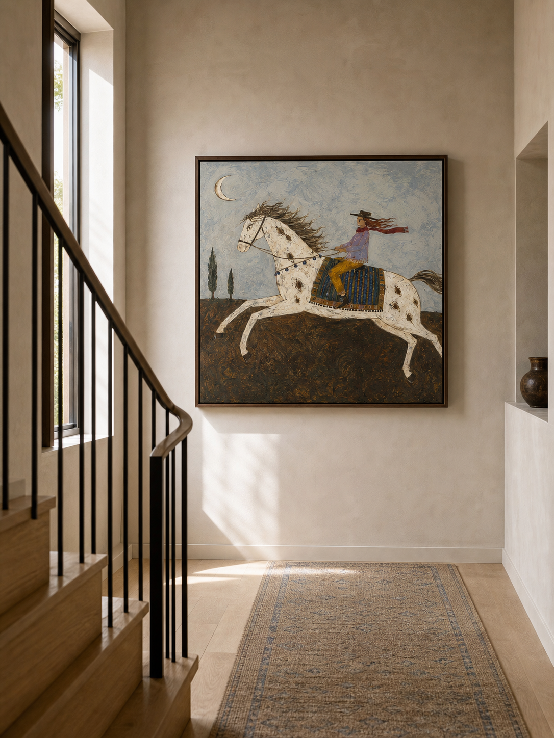 Hand Painted White Horse Night Ride Painting Western Folk Wall Art Bohemian Equestrian Artwork
