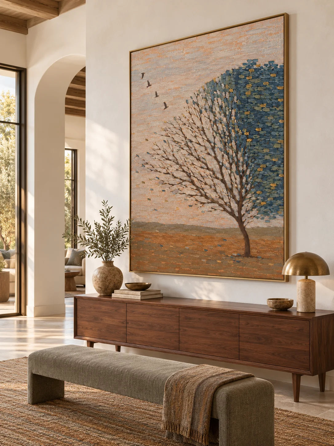 Minimalist Tree Landscape Painting Large Teal And Gold Nature Wall Art Canvas