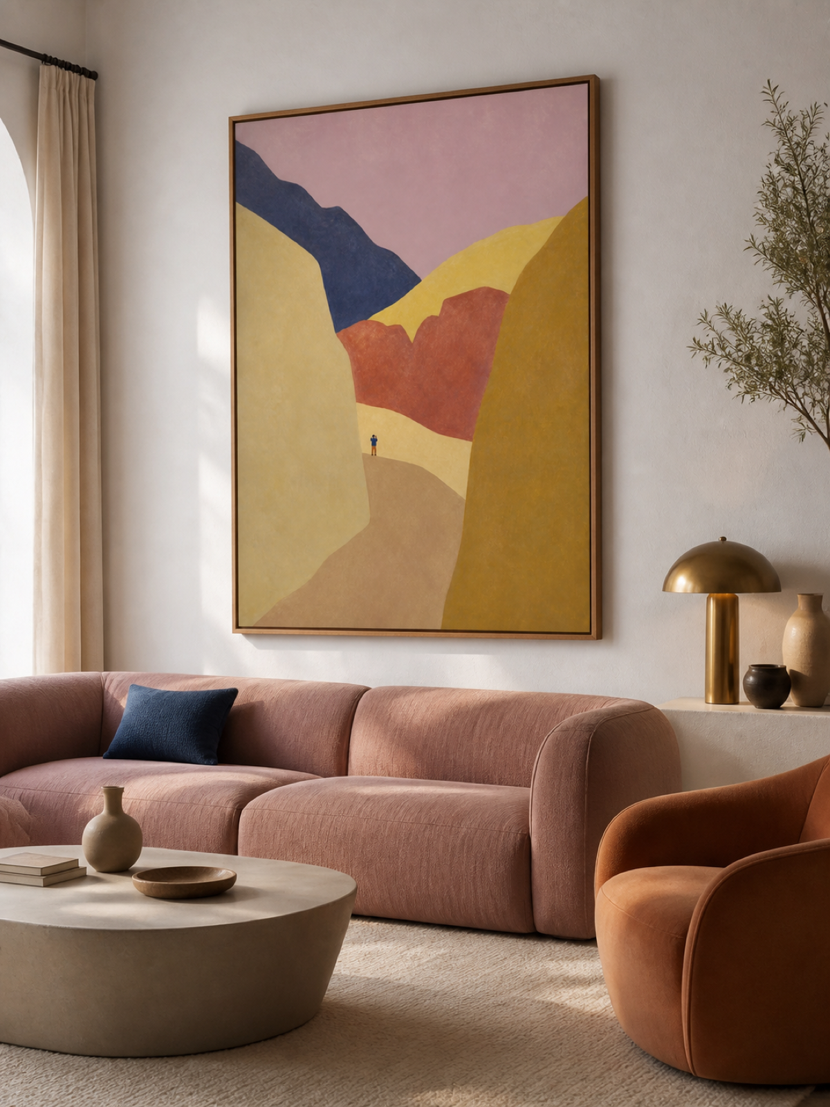 Oversized Abstract Valley With Warm Ochre Peaks Minimalist Framed Painting