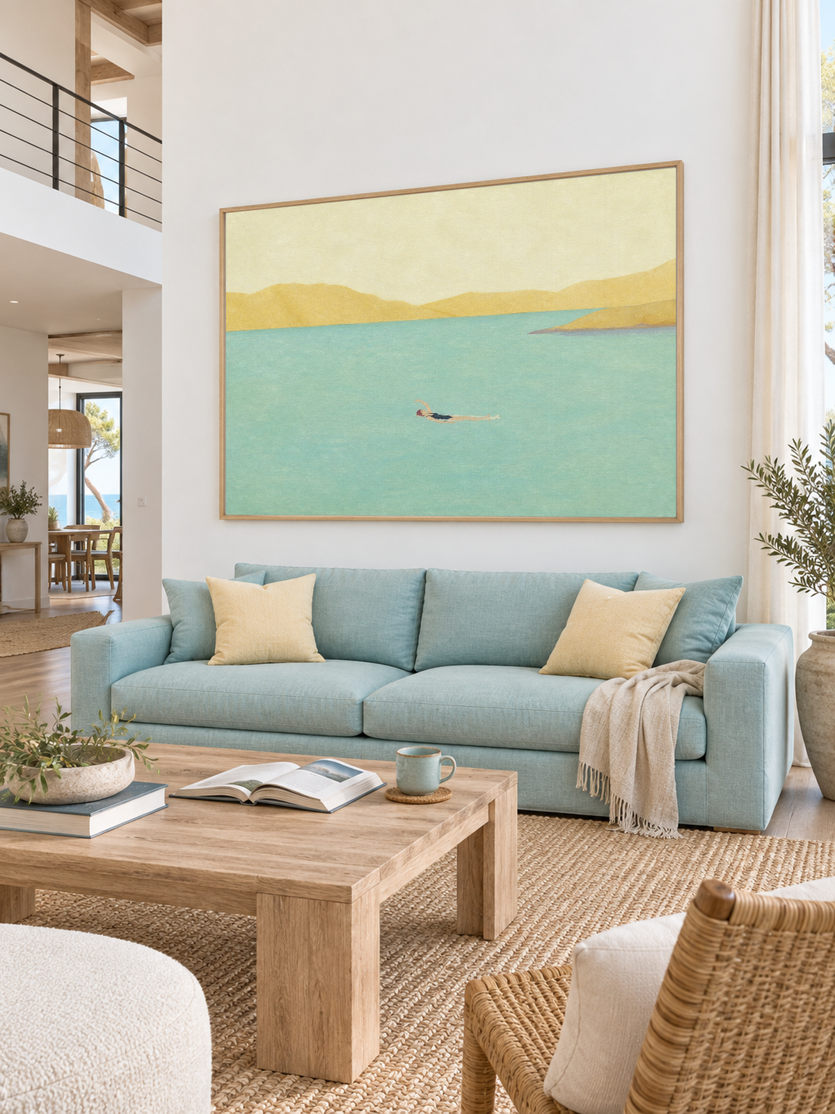 Solitary Swimmer In Turquoise Bay Hand-Painted Canvas Art With Golden Mountains