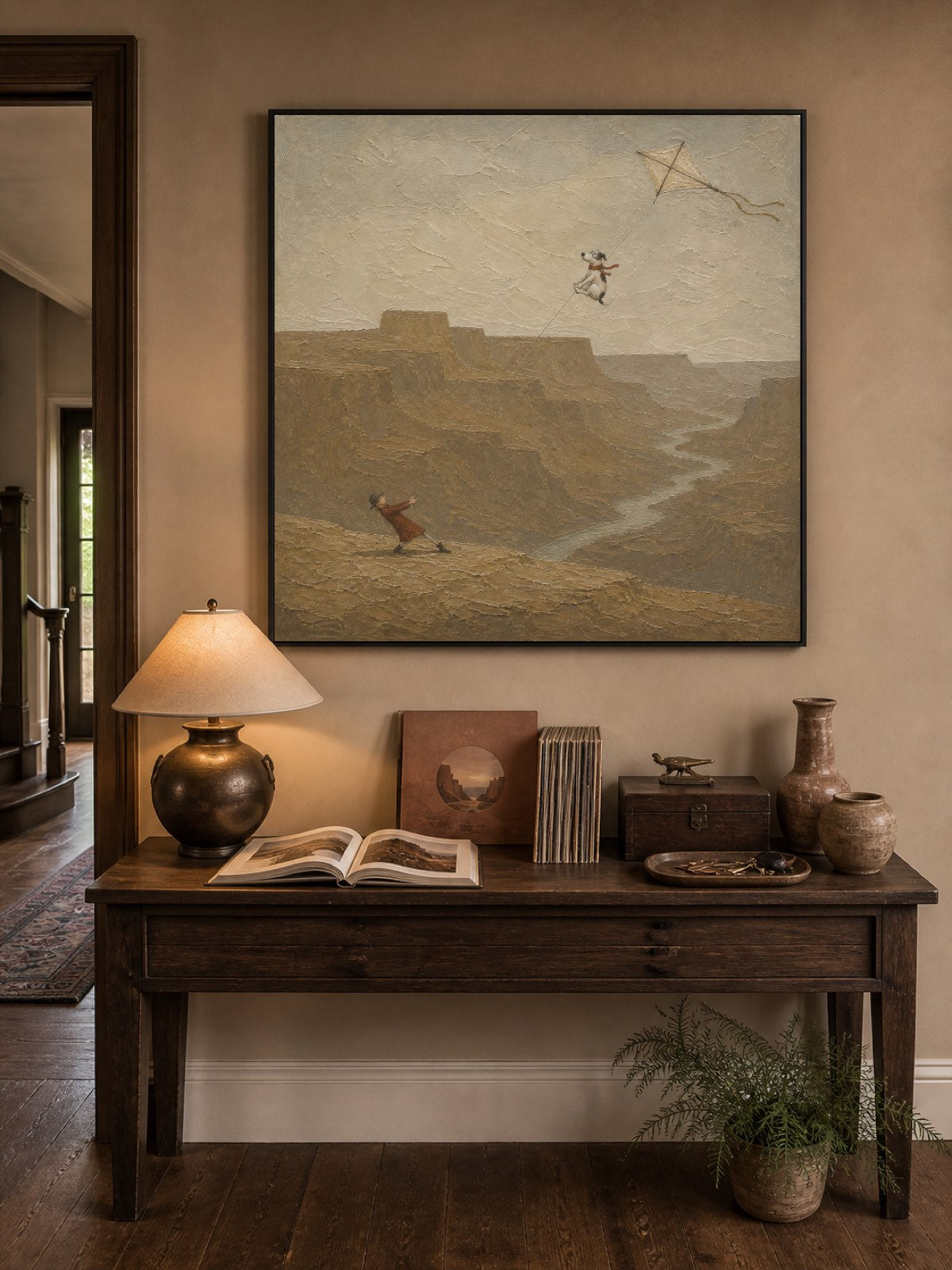 Textured Dog Painting With Canyon Landscape Ideal For Modern Living Rooms