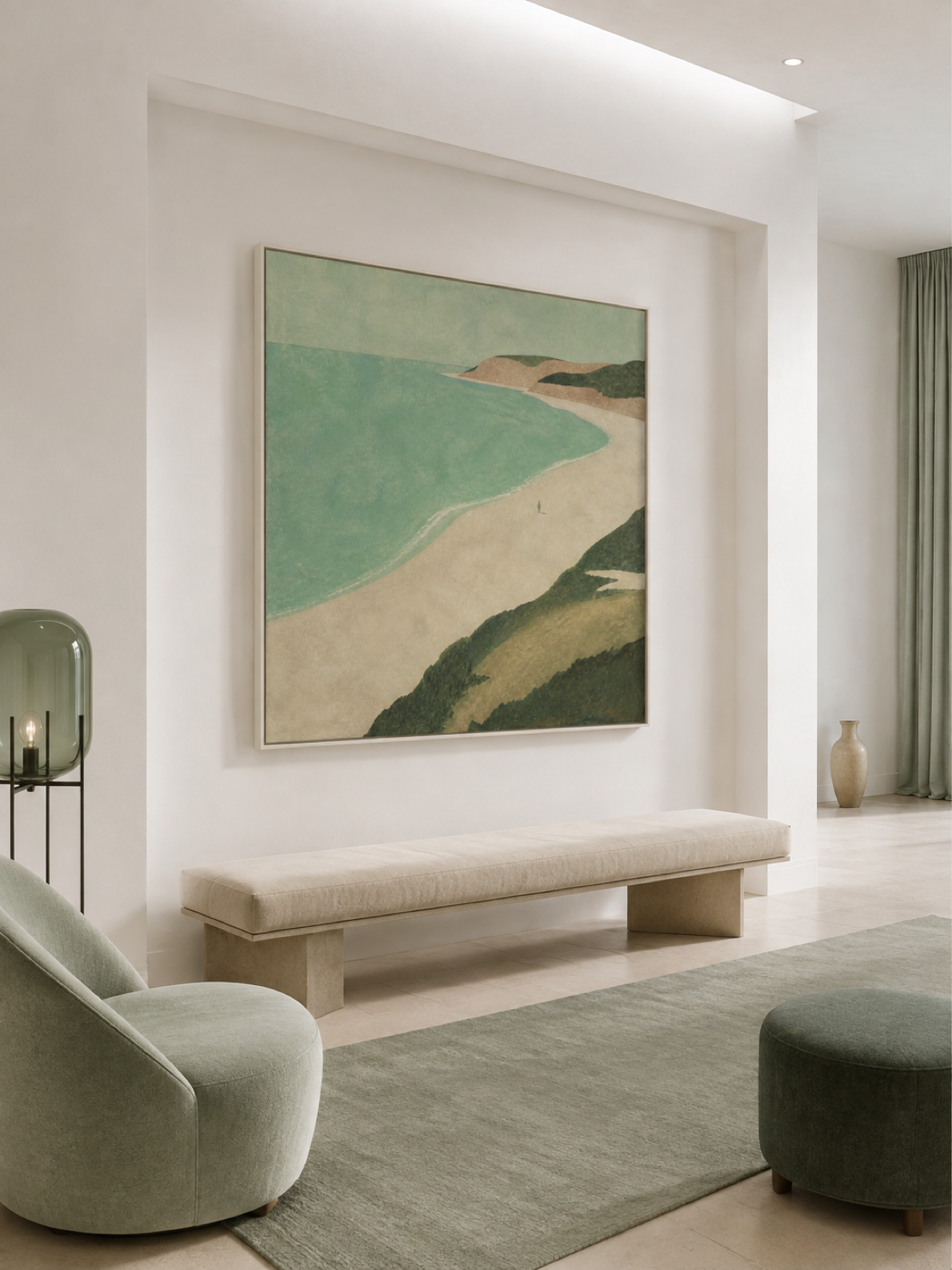 Vintage Minimalist Beach Scene Original Canvas Art With Solitary Figure And Curved Shore