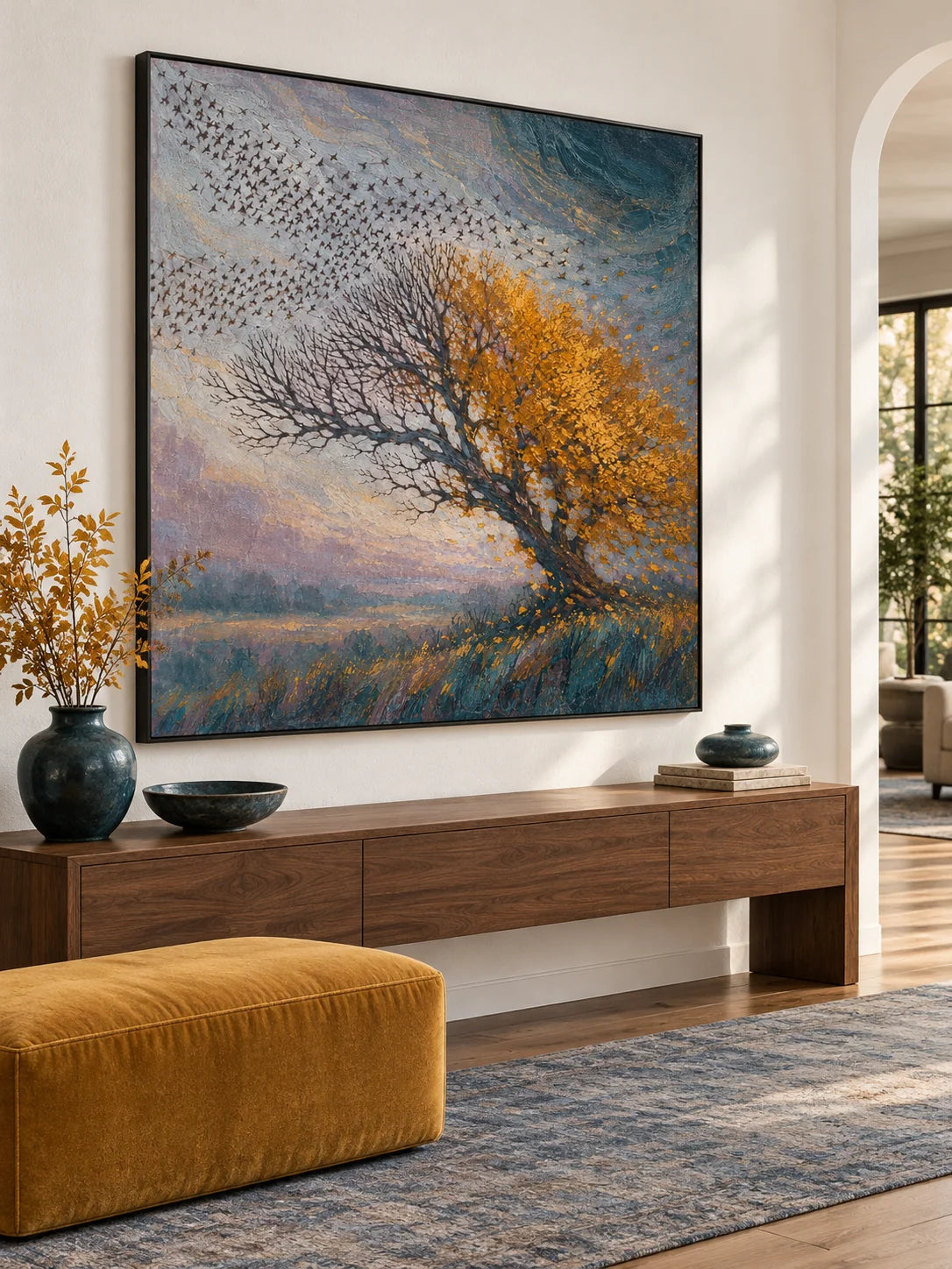 Large Autumn Tree Wall Art Hand Painted Textured Birds And Landscape Painting