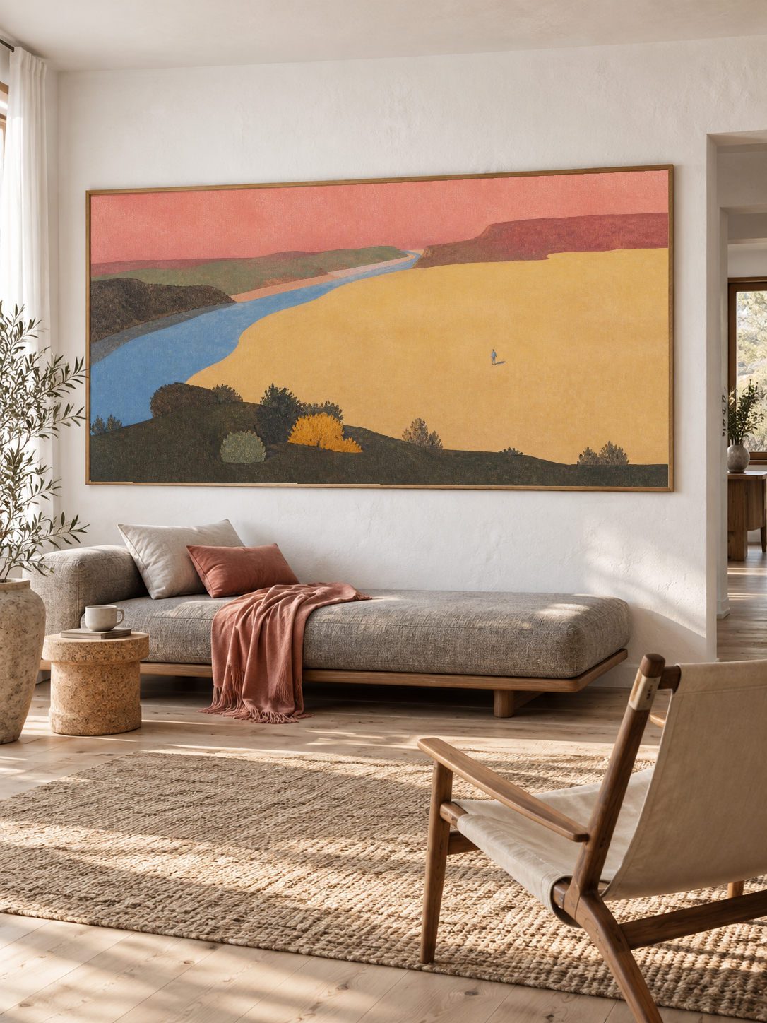 Colorful Coral River Valley Canvas Art With Lone Figure For Bedroom Decor