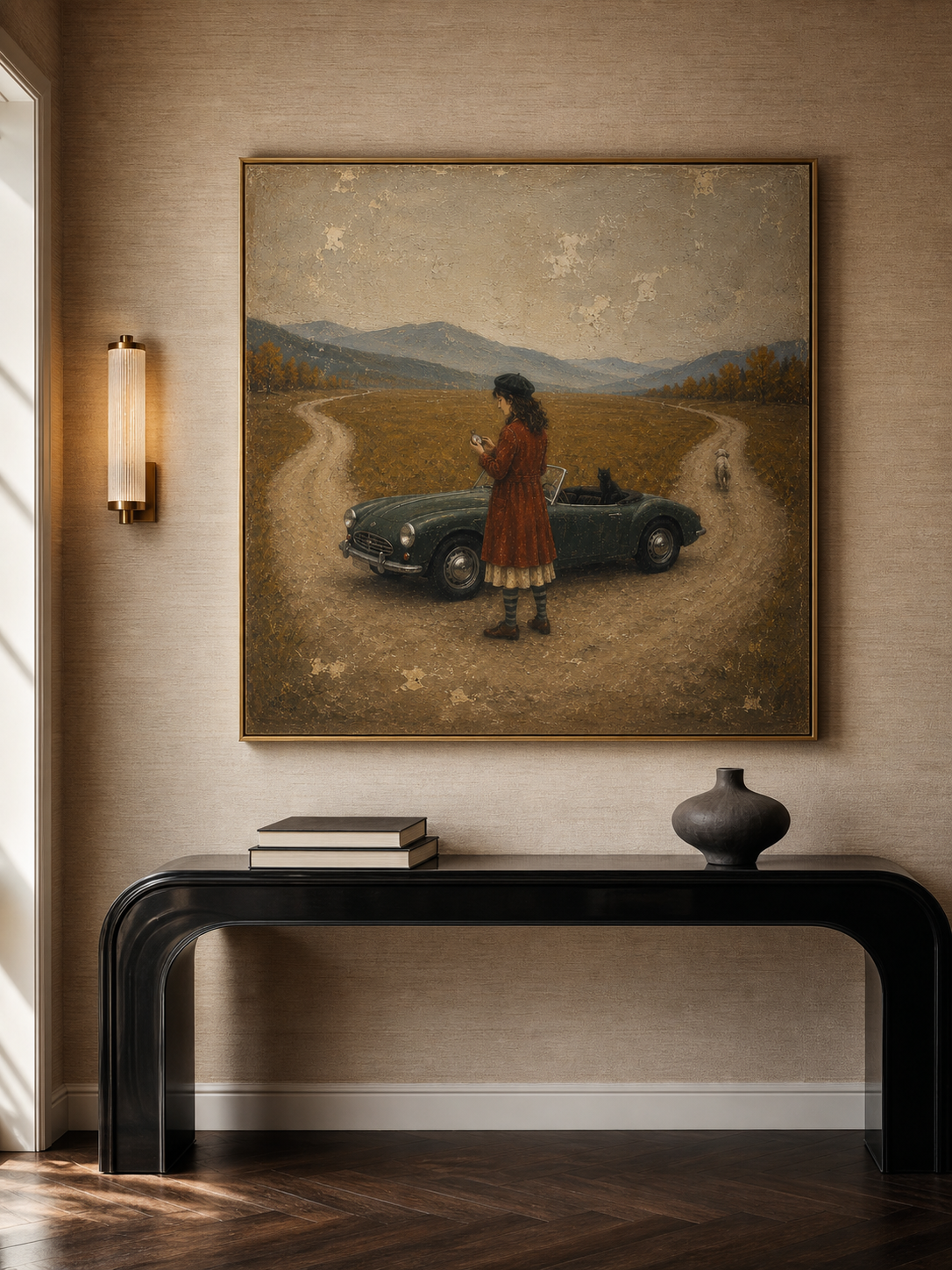Vintage Road Trip Woman In Classic Convertible Abstract Retro Travel Canvas Art