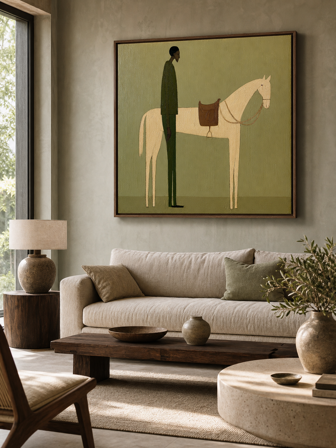 Vintage Minimalist Oil Painting Of Man With Horse In Large Framed Canvas Art