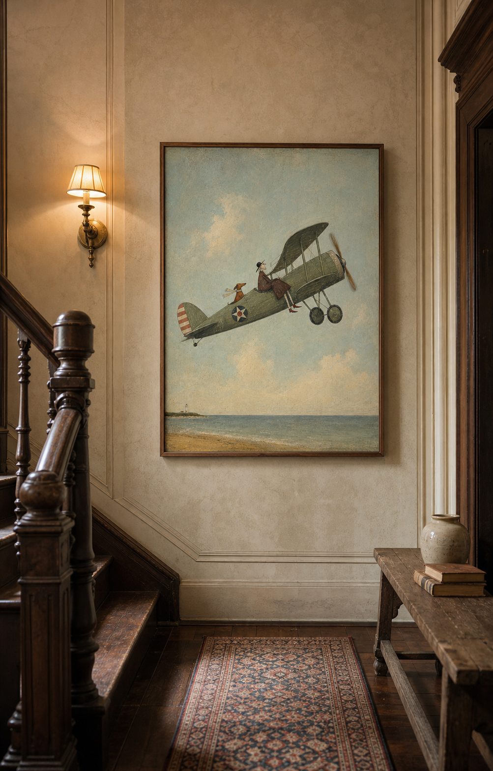 Vintage Airplane Painting Coastal Scene Original Art For Home Decor