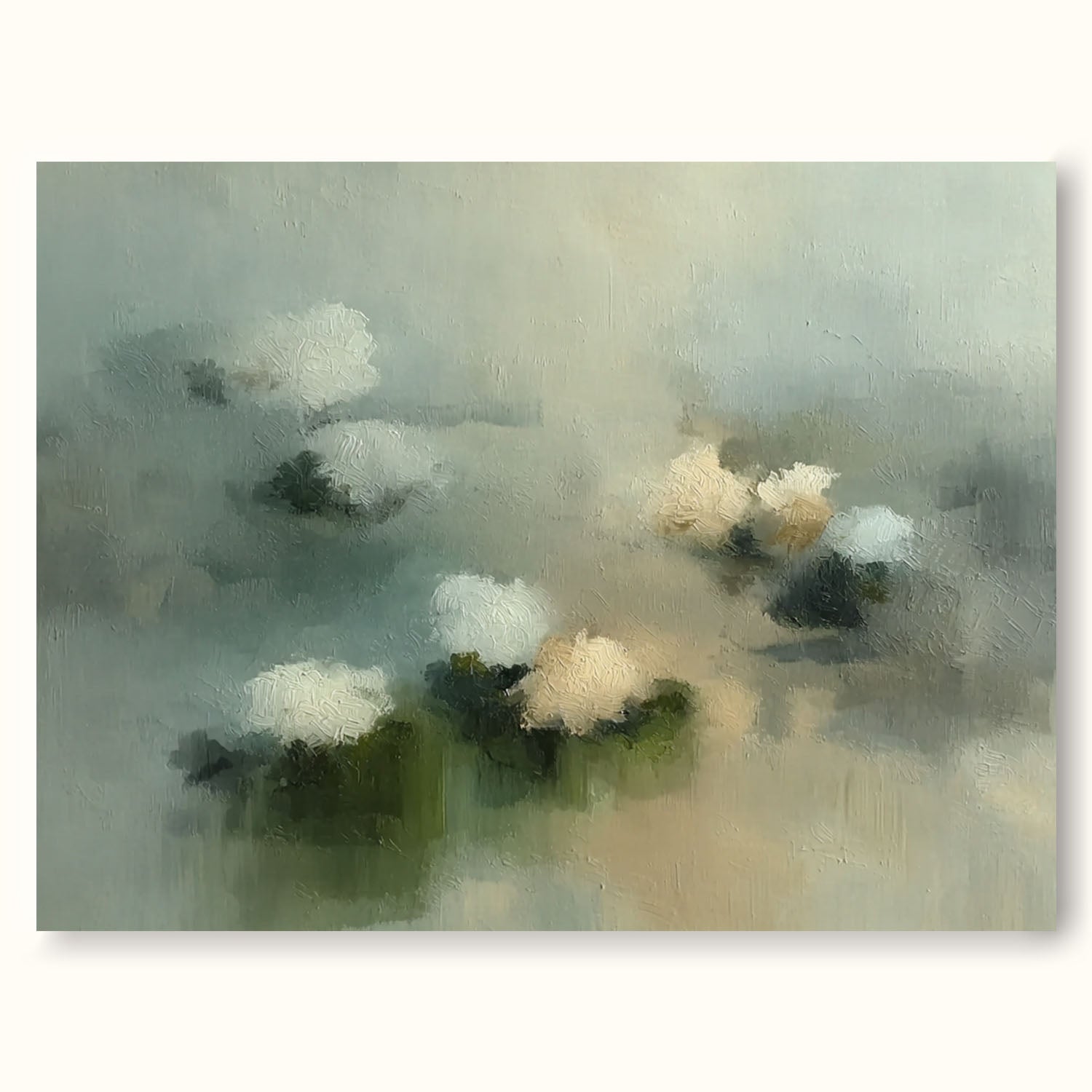Large Horizontal Abstract Floral Painting In Soft Green And White For Living Room
