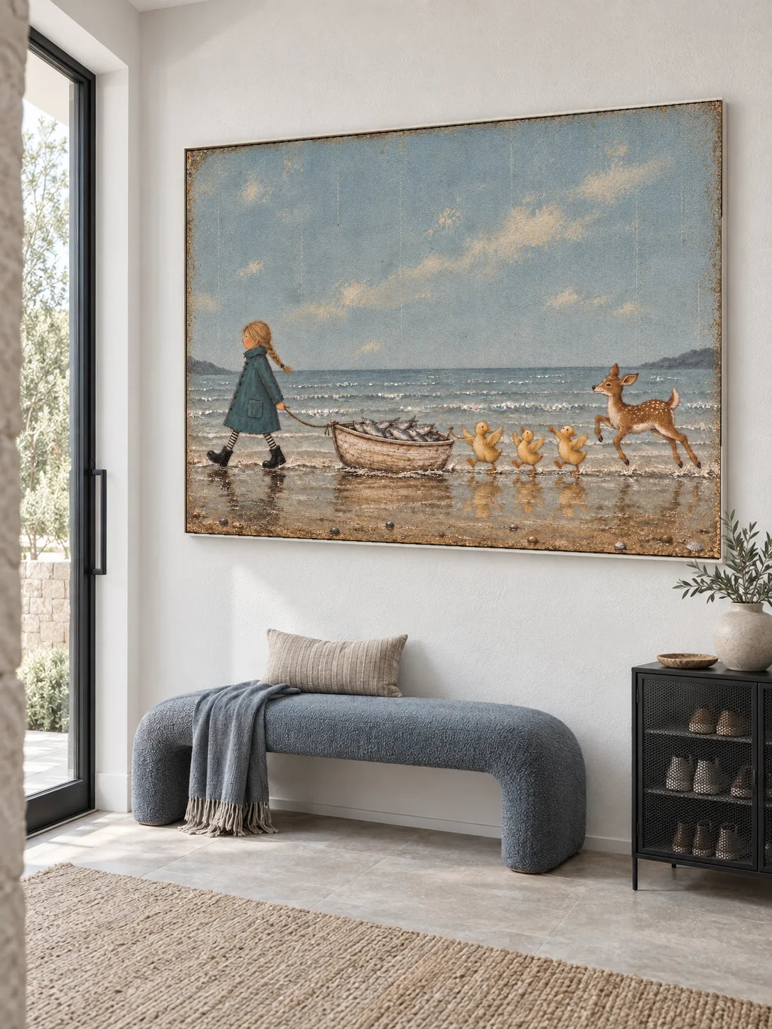 Whimsical Girl And Animals Coastal Canvas Painting Hand-Painted Wall Art