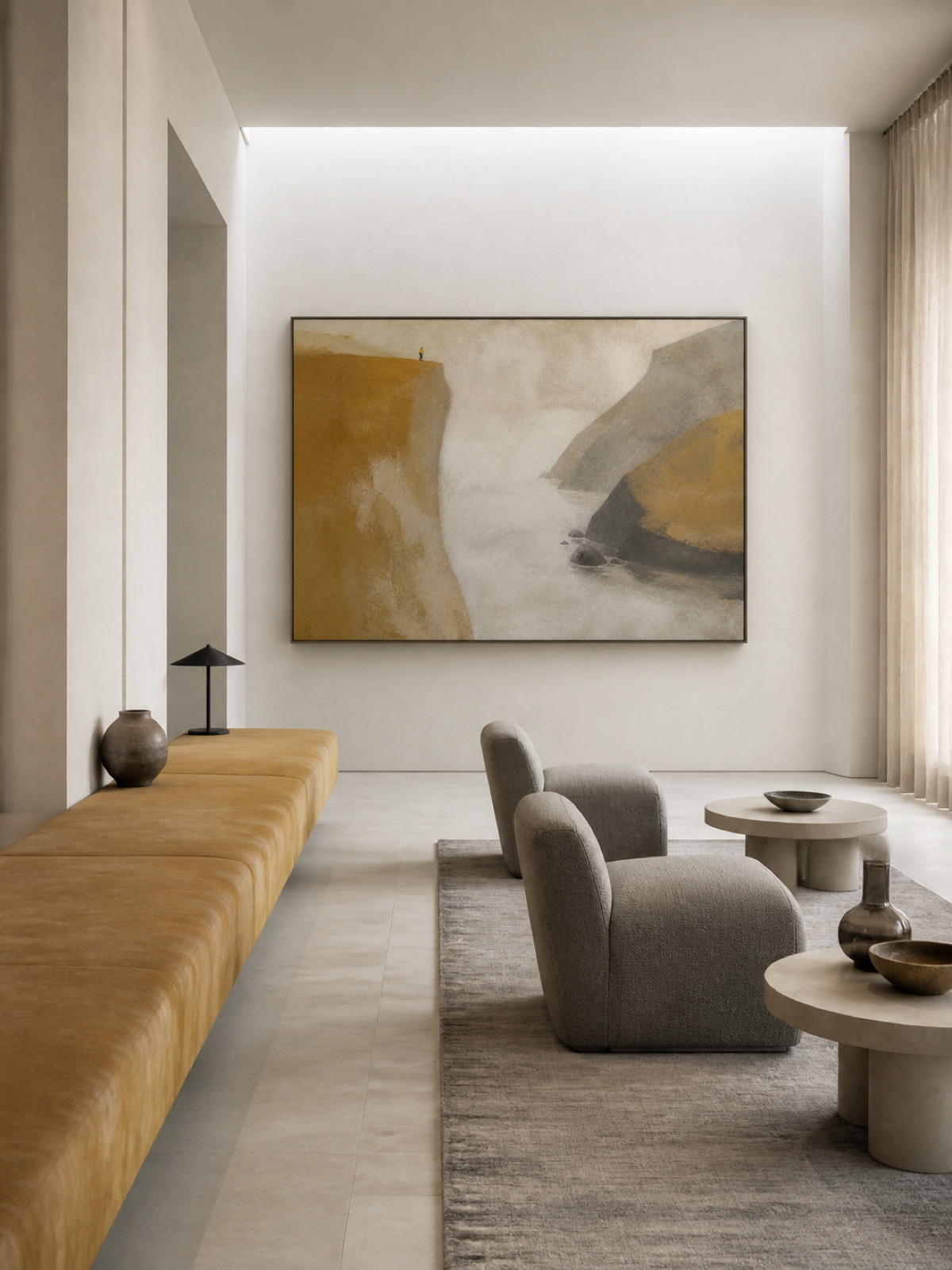 Golden Ochre Cliff And Misty Silver Inlet Contemporary Landscape Oil Painting