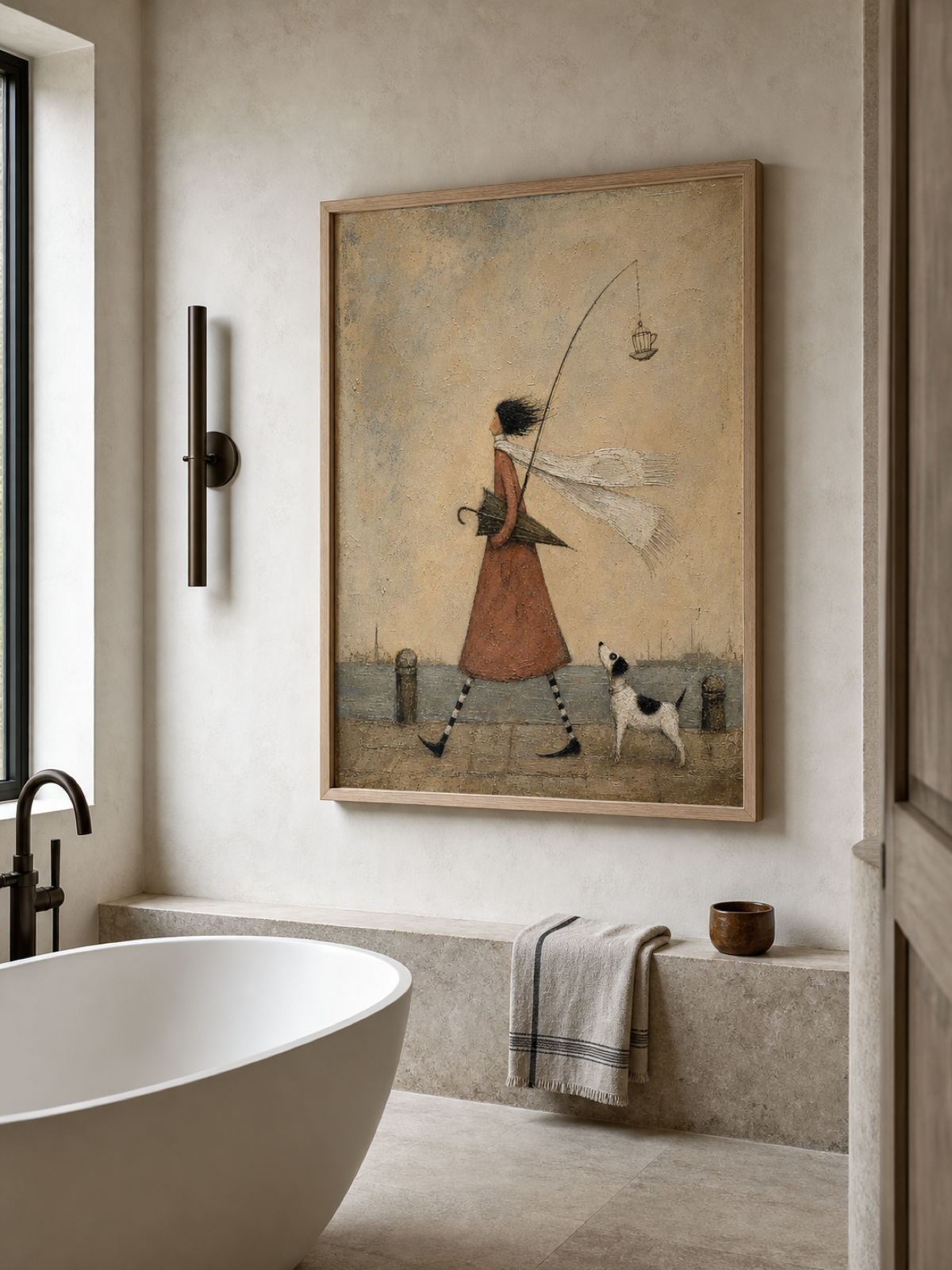 Whimsical Coastal Girl With Dog Painting Original Art For Living Room Decor